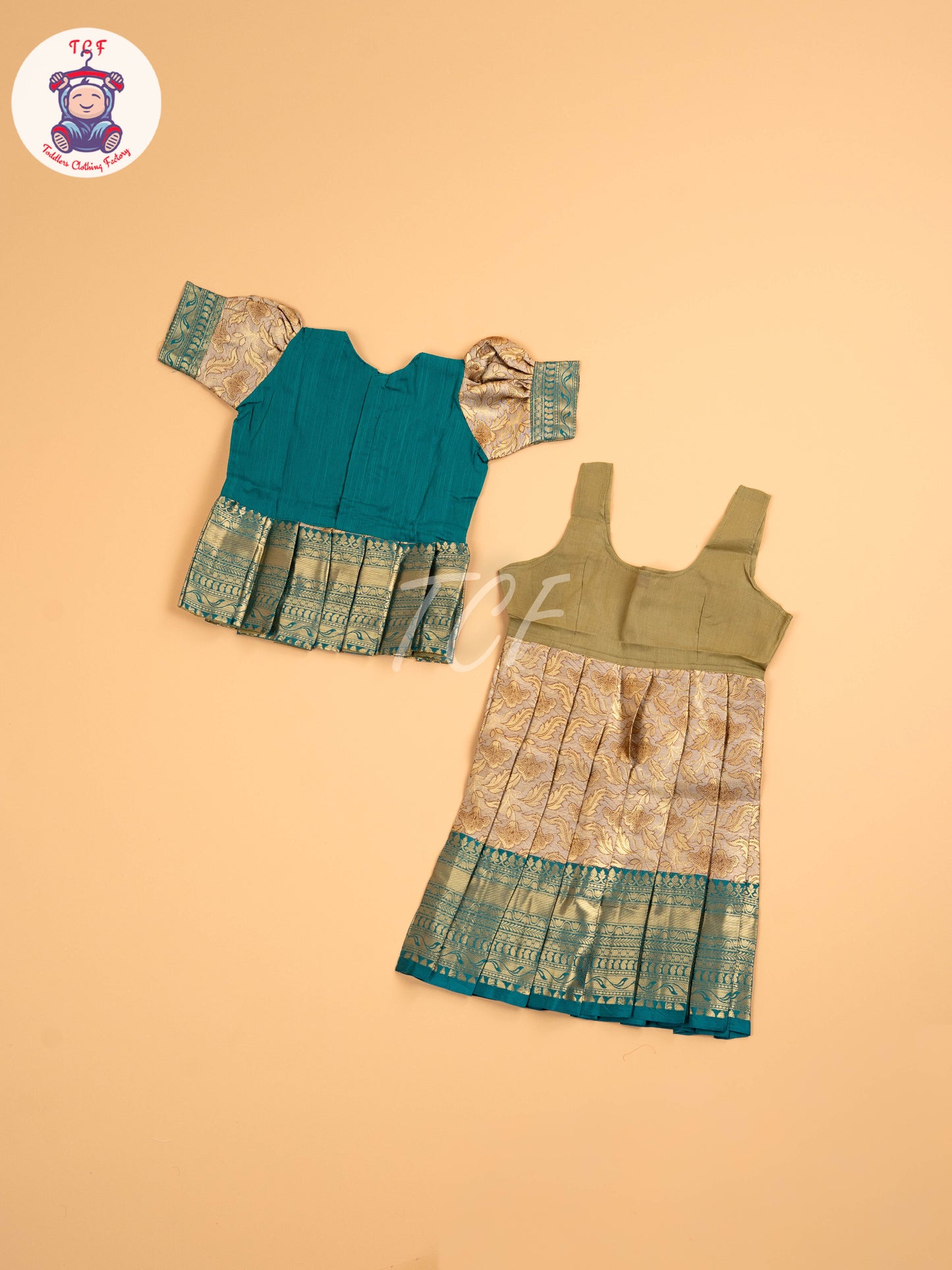 Peacock Green & Cream - Two Tone Printed Pavadai Sattai