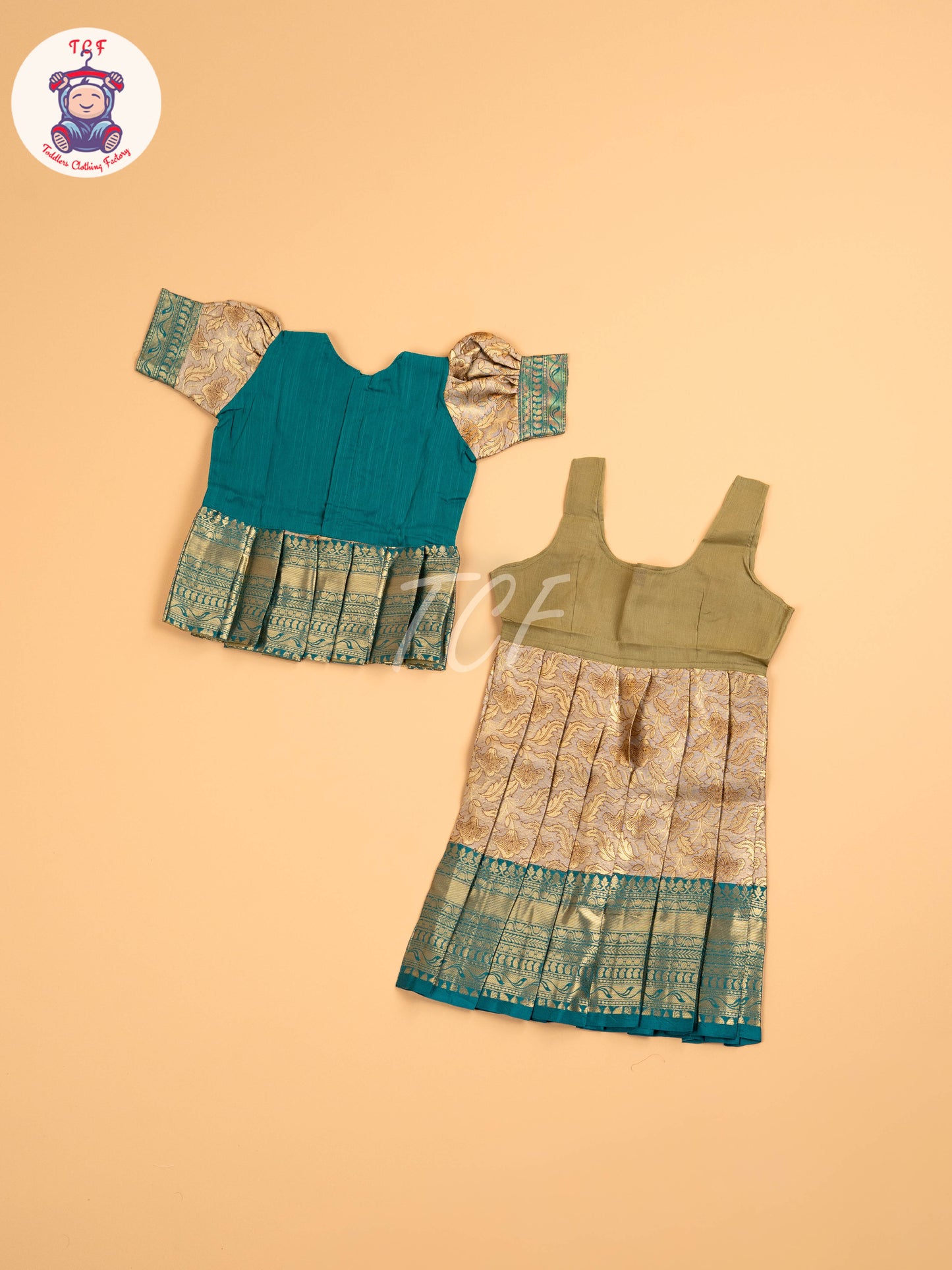 Peacock Green & Cream - Two Tone Printed Pavadai Sattai