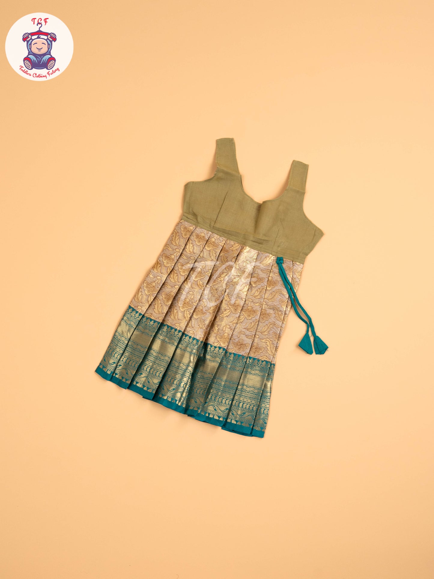 Peacock Green & Cream - Two Tone Printed Pavadai Sattai