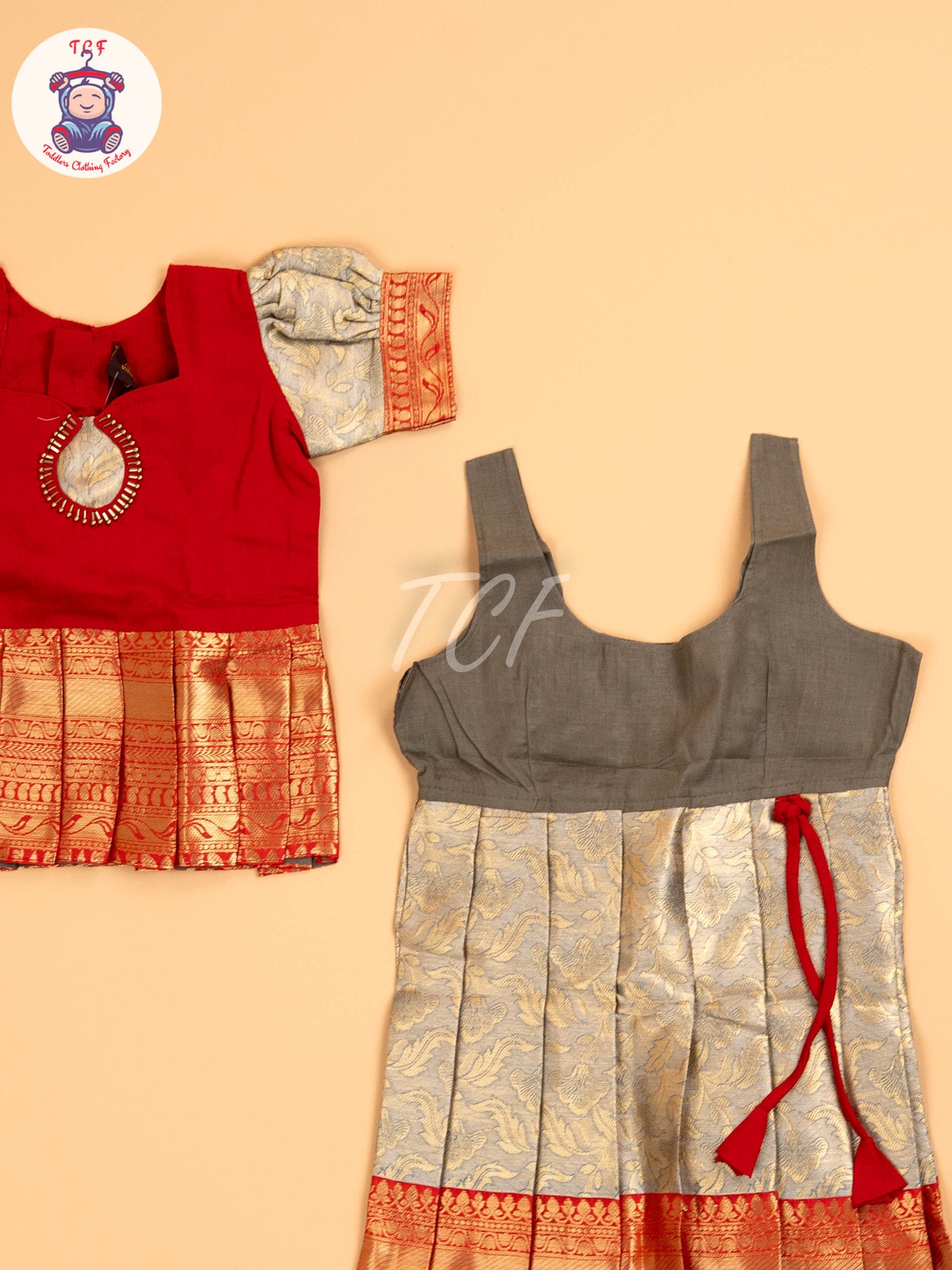 Red & Grey - Two Tone Printed Pavadai Sattai