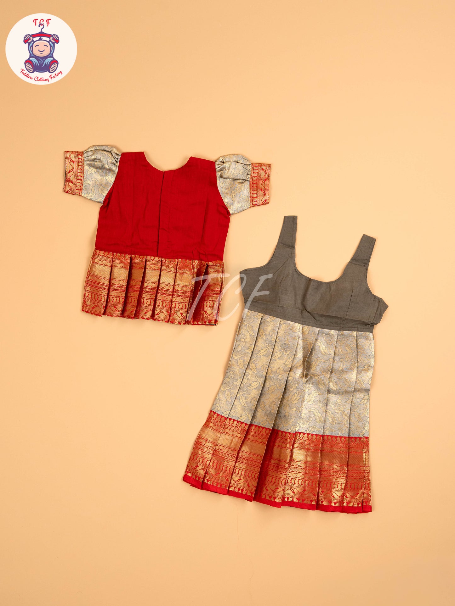 Red & Grey - Two Tone Printed Pavadai Sattai