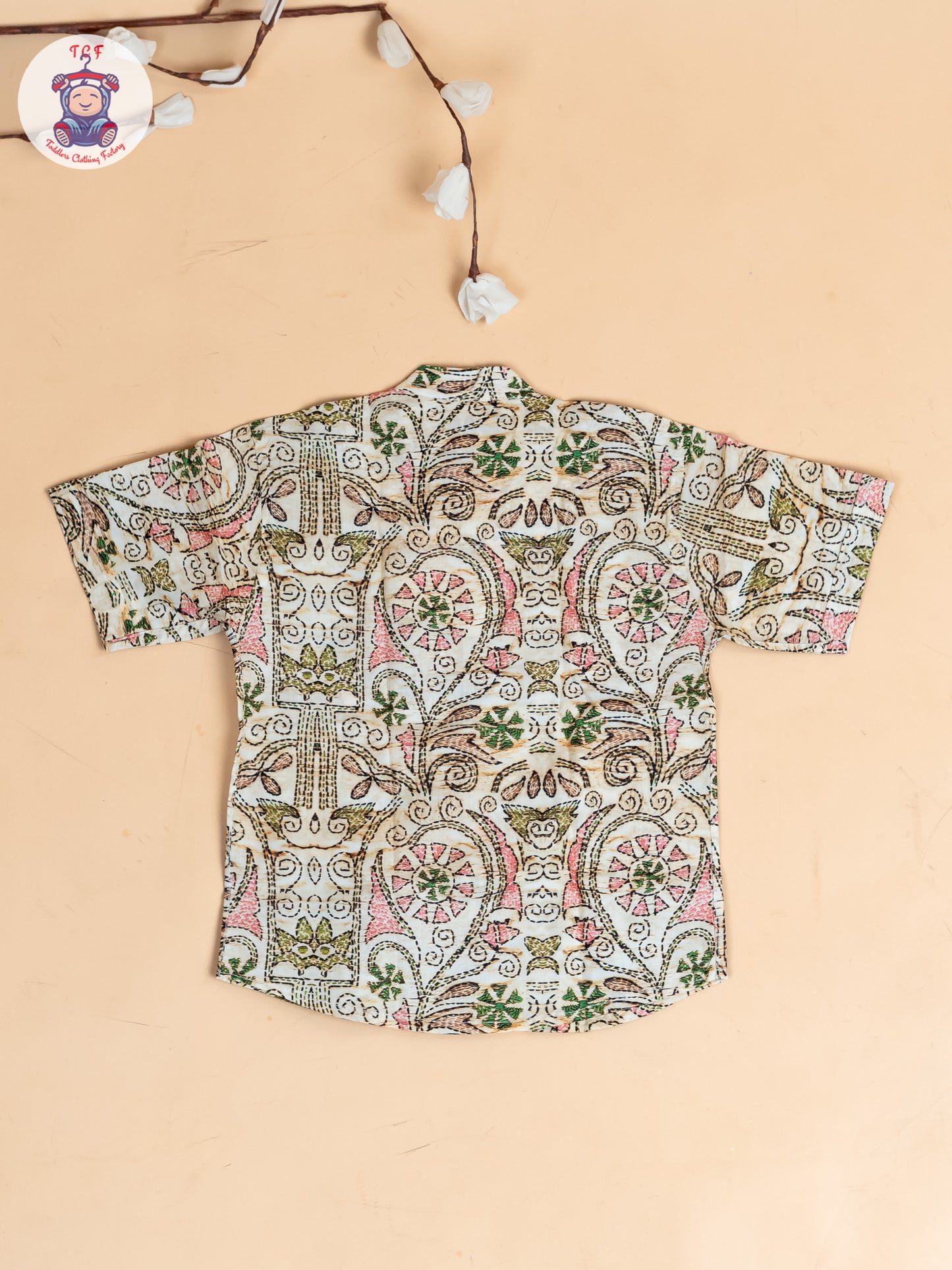 Beige - Boys Floral Printed S Cotton Shirt