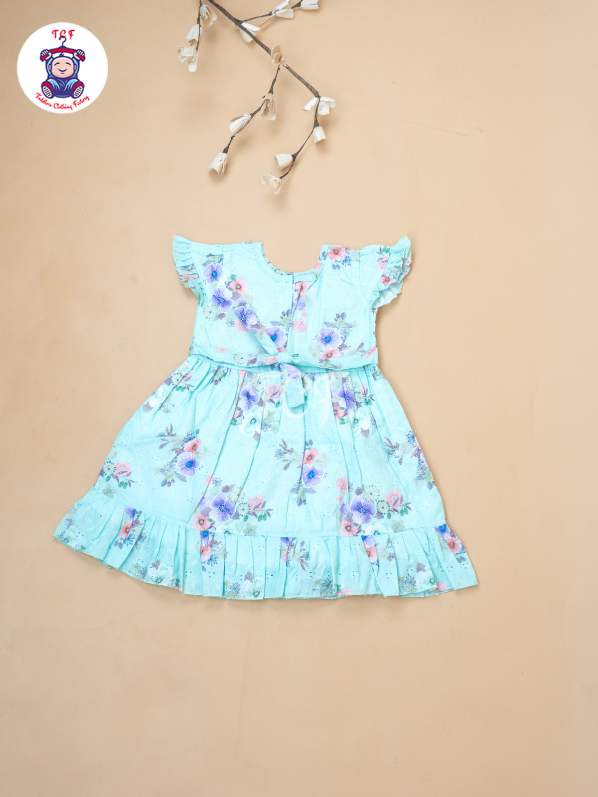 Pastel Green Floral Printed - Girls Readymade Cotton Frocks