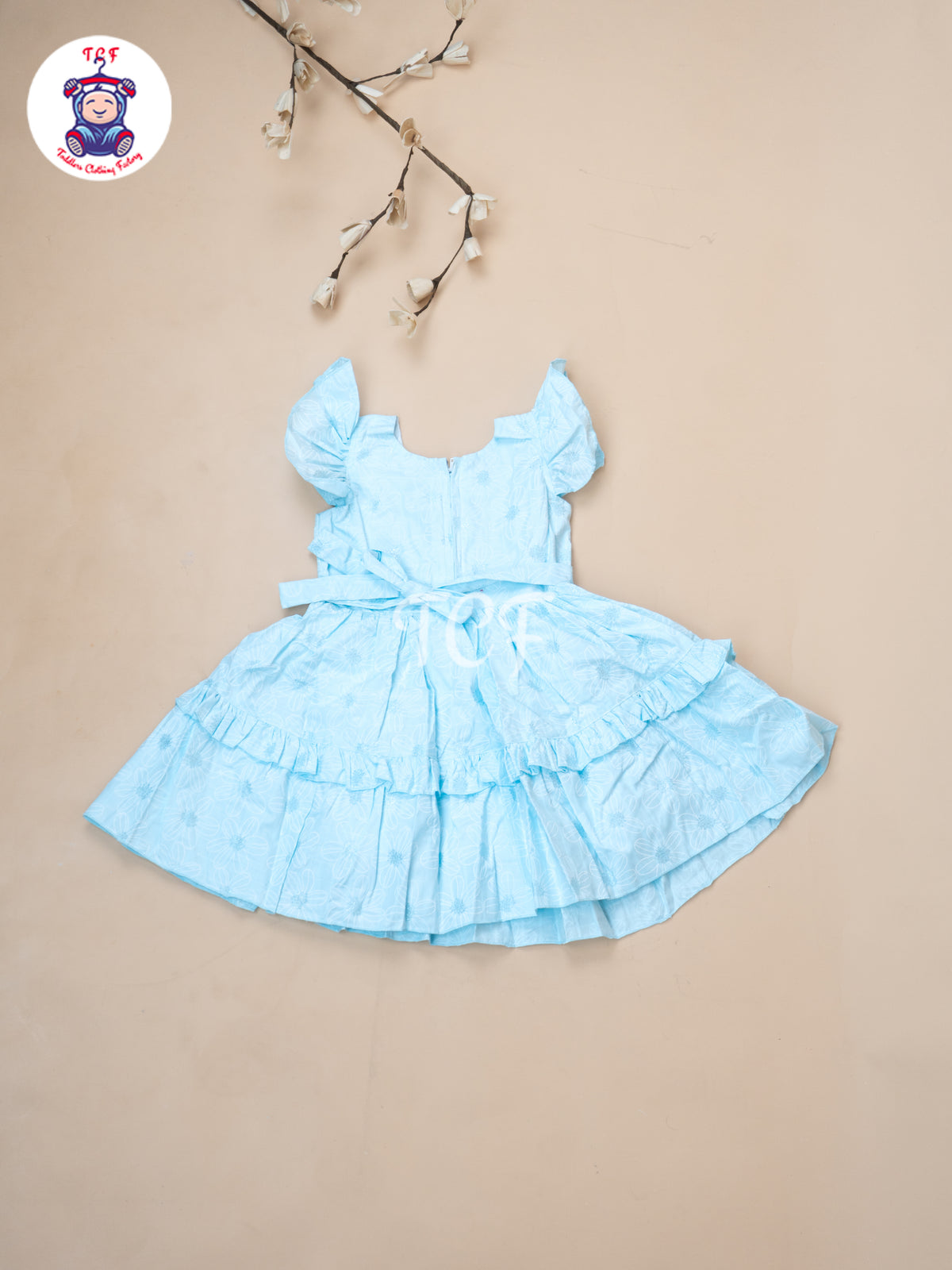 Sky Blue Floral Printed - Girls Readymade Cotton Frocks