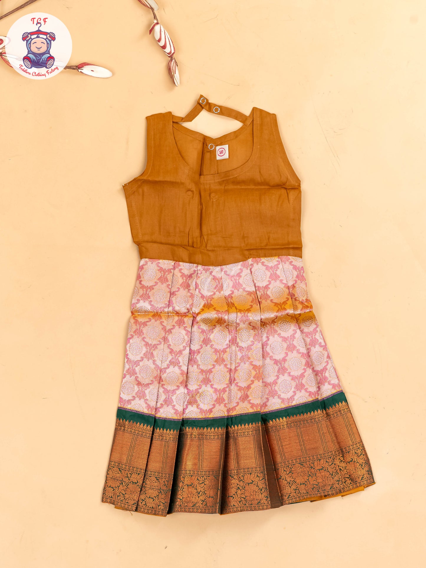 Green & Rust - Girls Readymade Pavadai Sattai