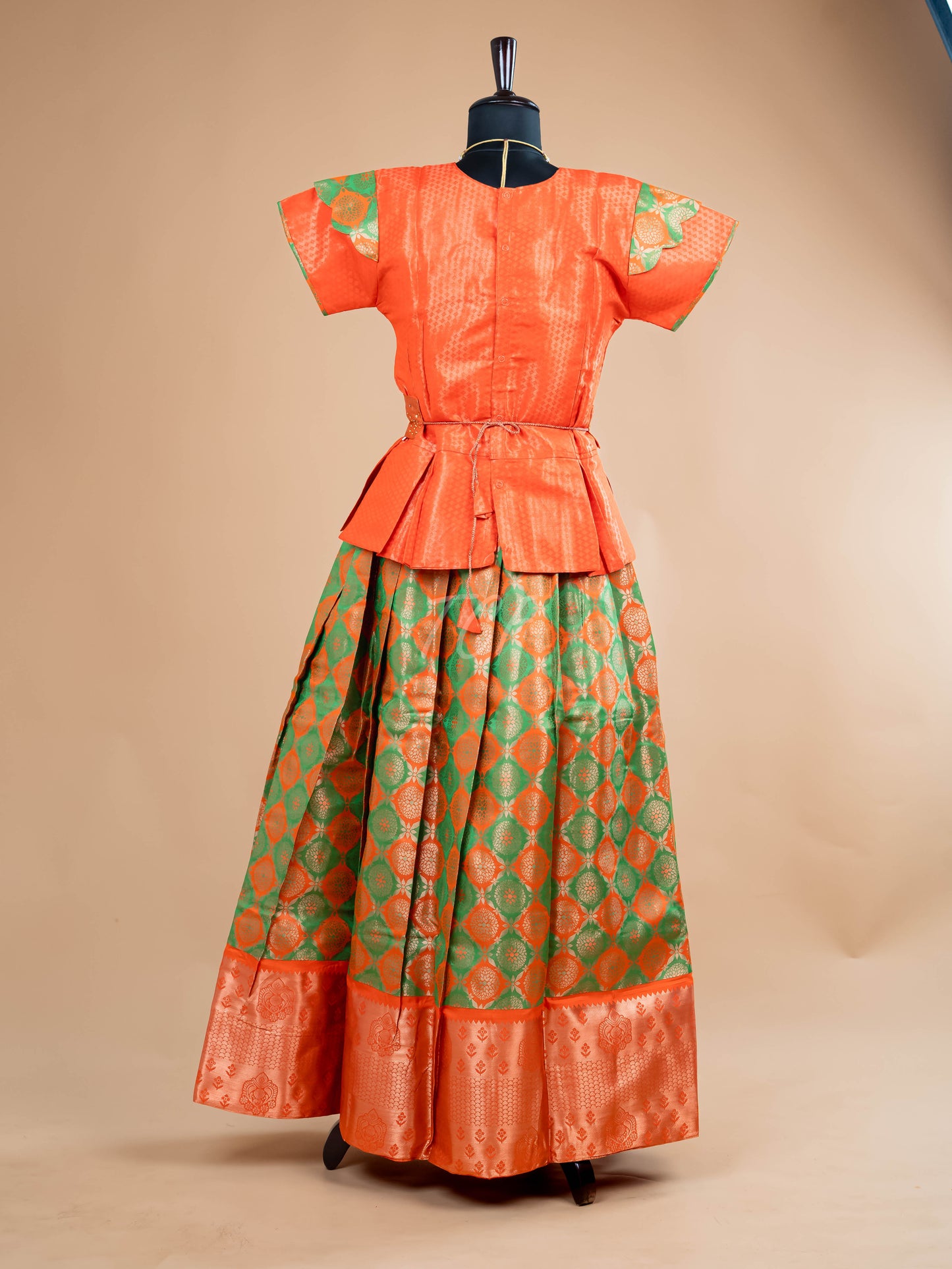 Orange & Parrot Green - Girls Readymade Pavadai Sattai