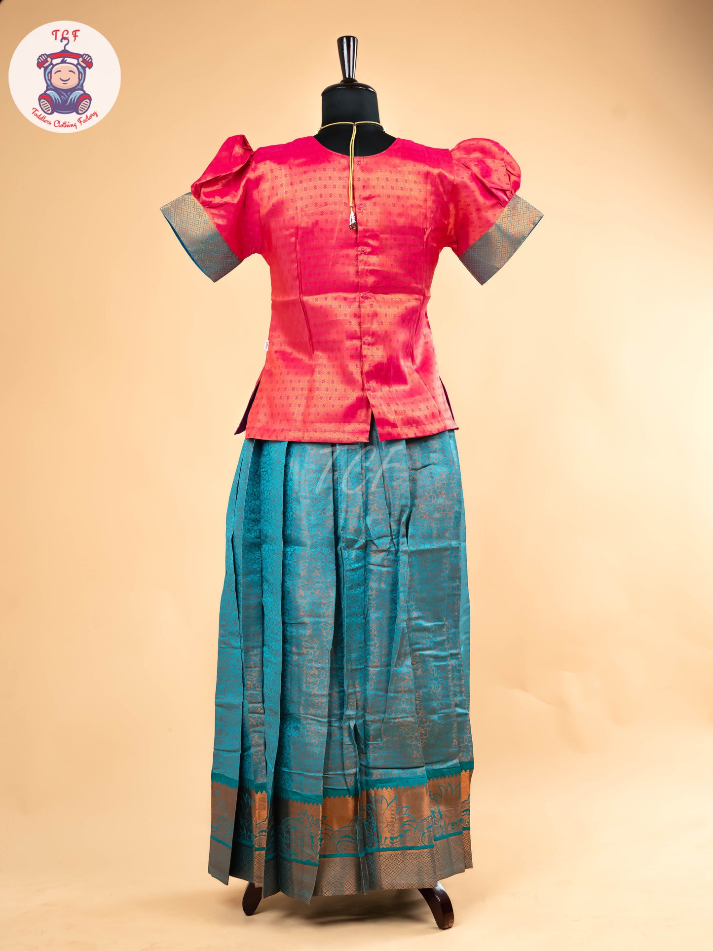 Rani Rose & Peacock Blue - Girls Readymade Pavadai Sattai