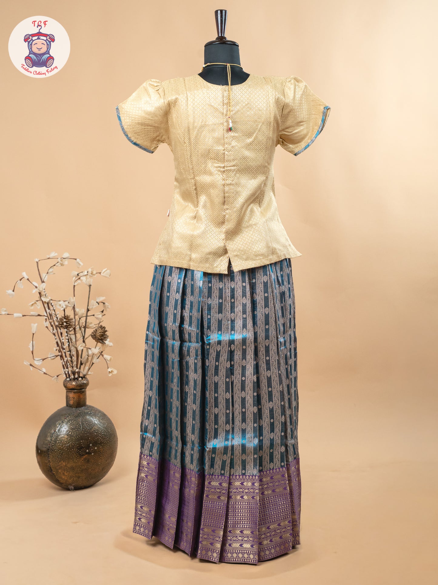 Beige & Teal Blue - Girls Readymade Pavadai Sattai