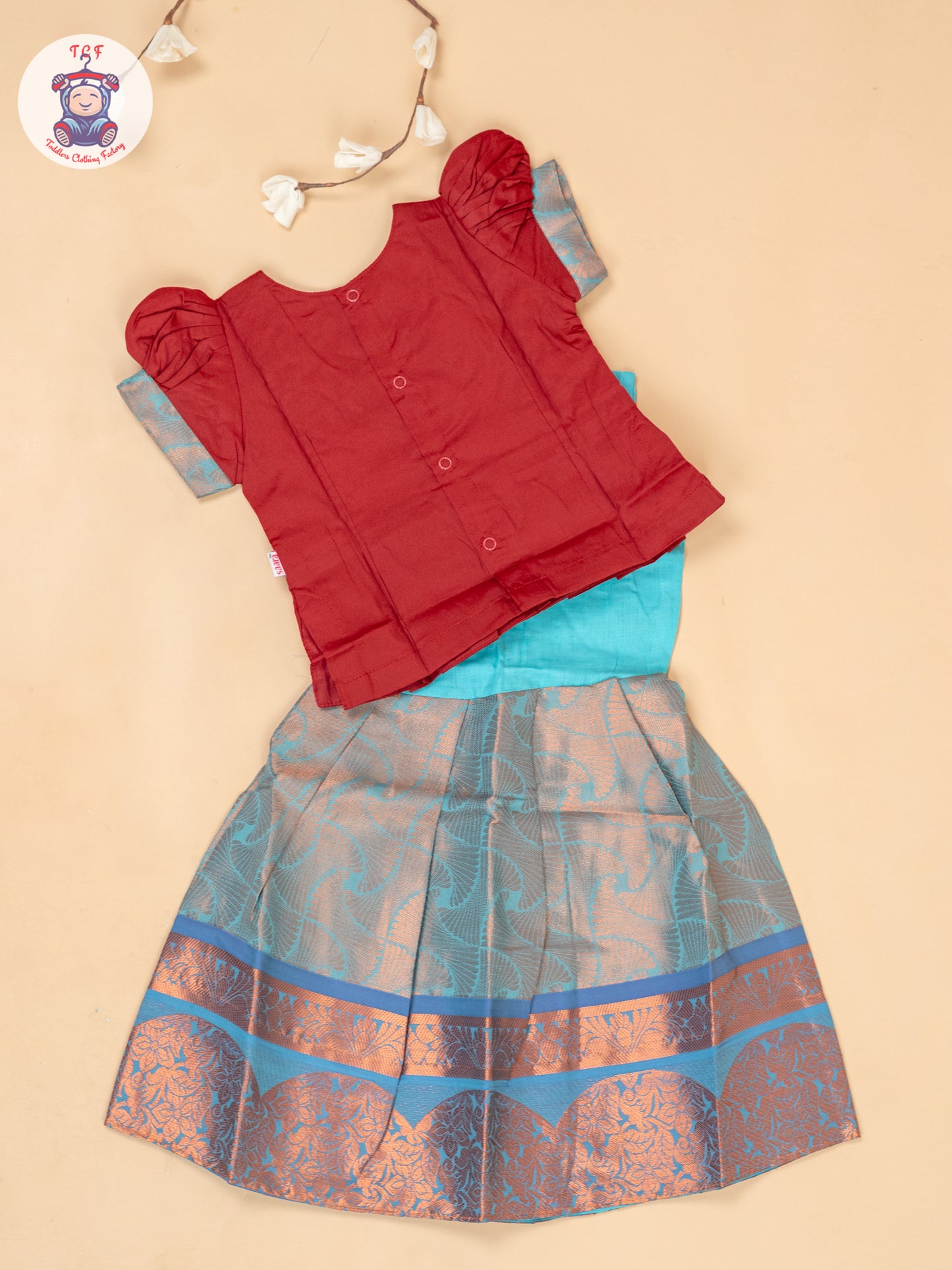 Red & Sky Blue - Girls Readymade Pavadai Sattai