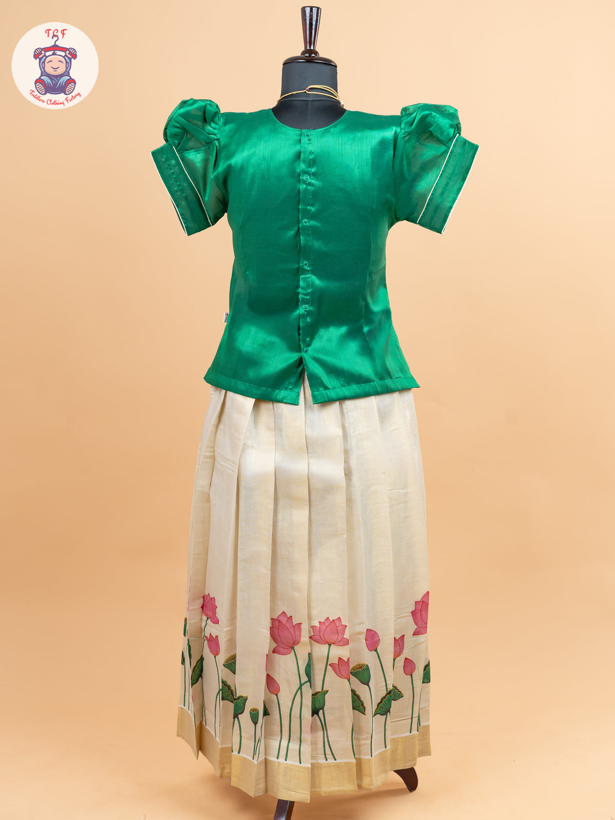 Green Kerala Cotton - Girls Readymade Pavadai Sattai