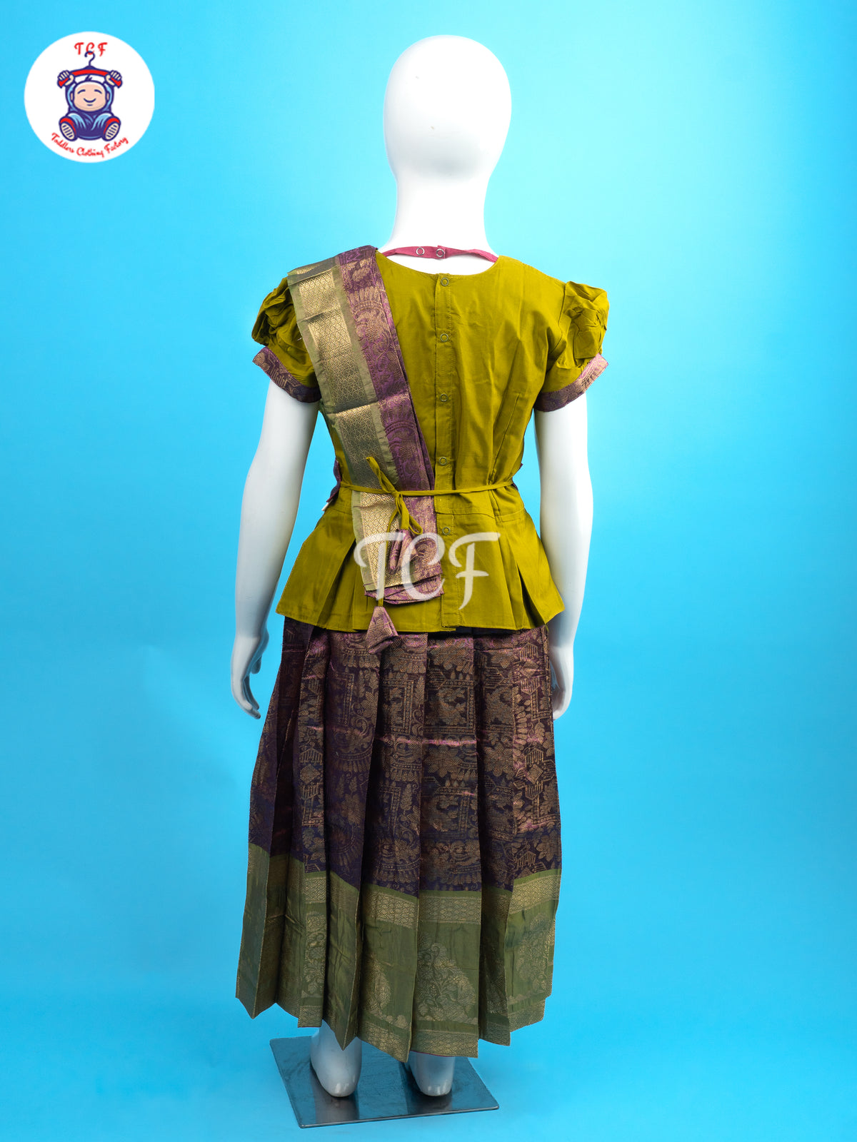 Olive Green & Pink - Girls Readymade Pavadai Sattai