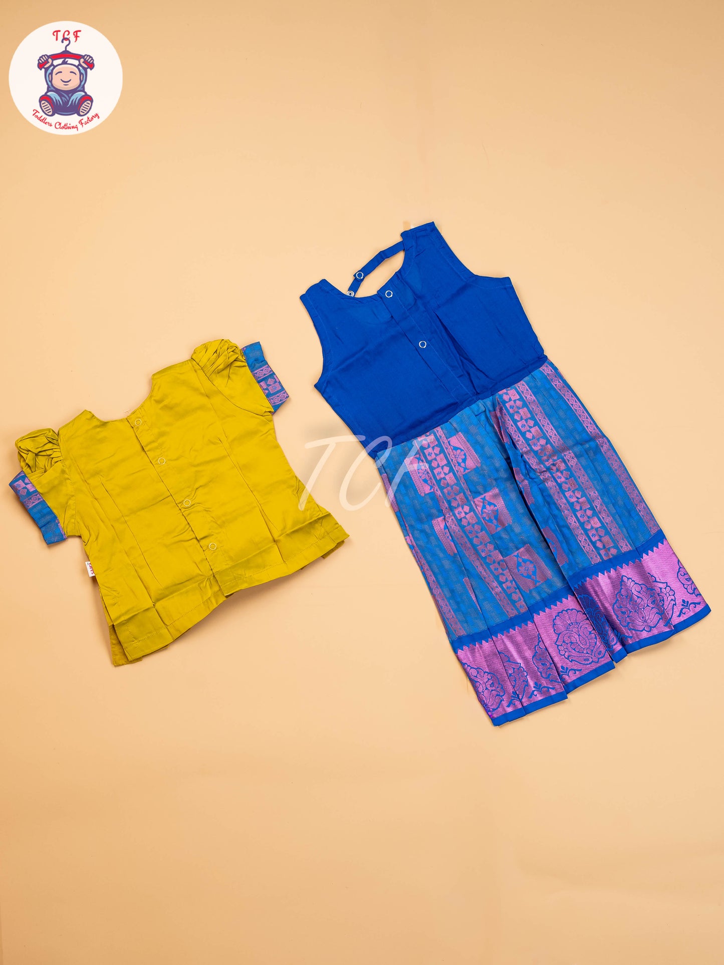 Olive Green & Blue - Girls Readymade Pavadai Sattai