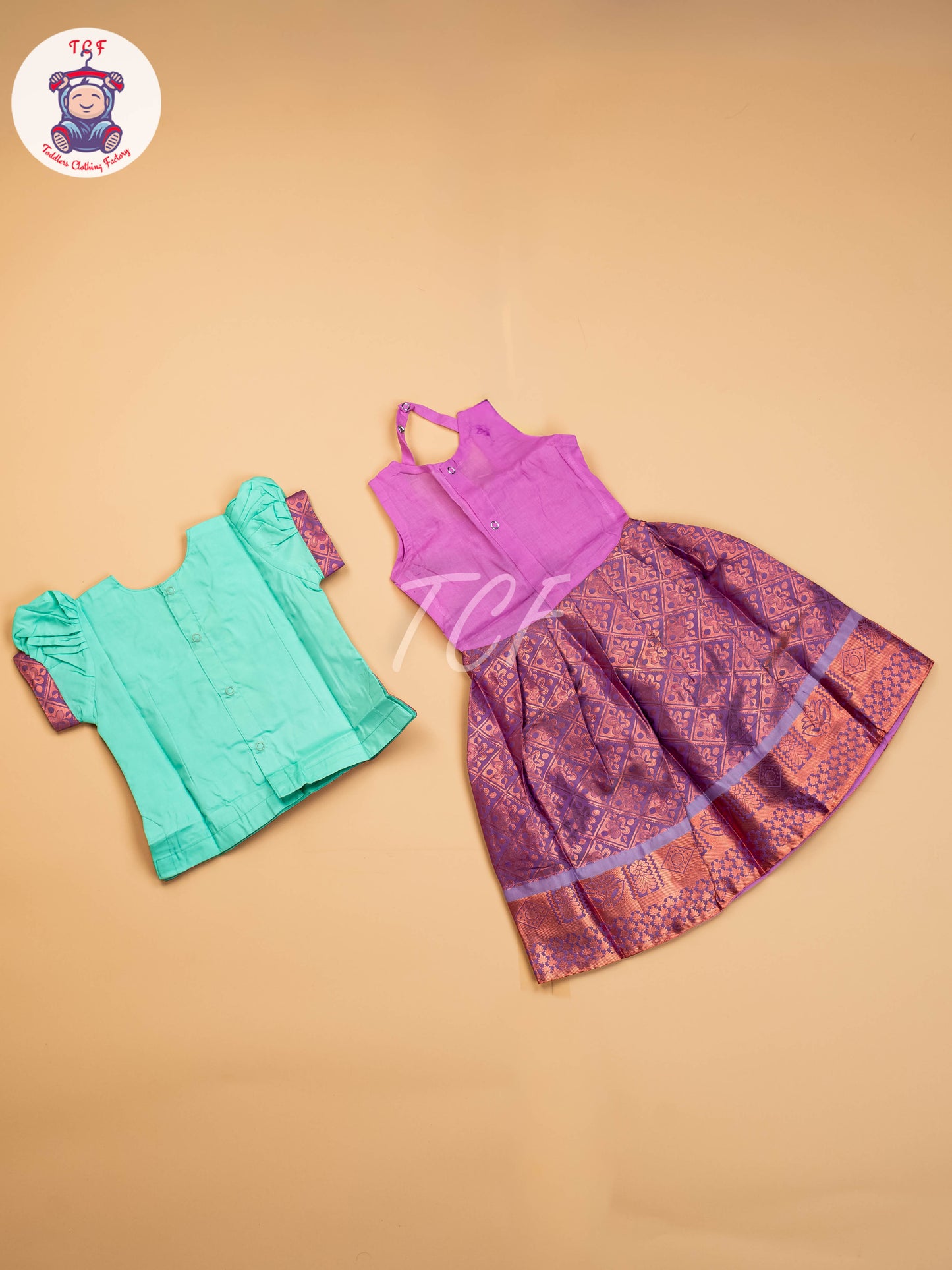 Teal Green & Lavender - Girls Readymade Pavadai Sattai