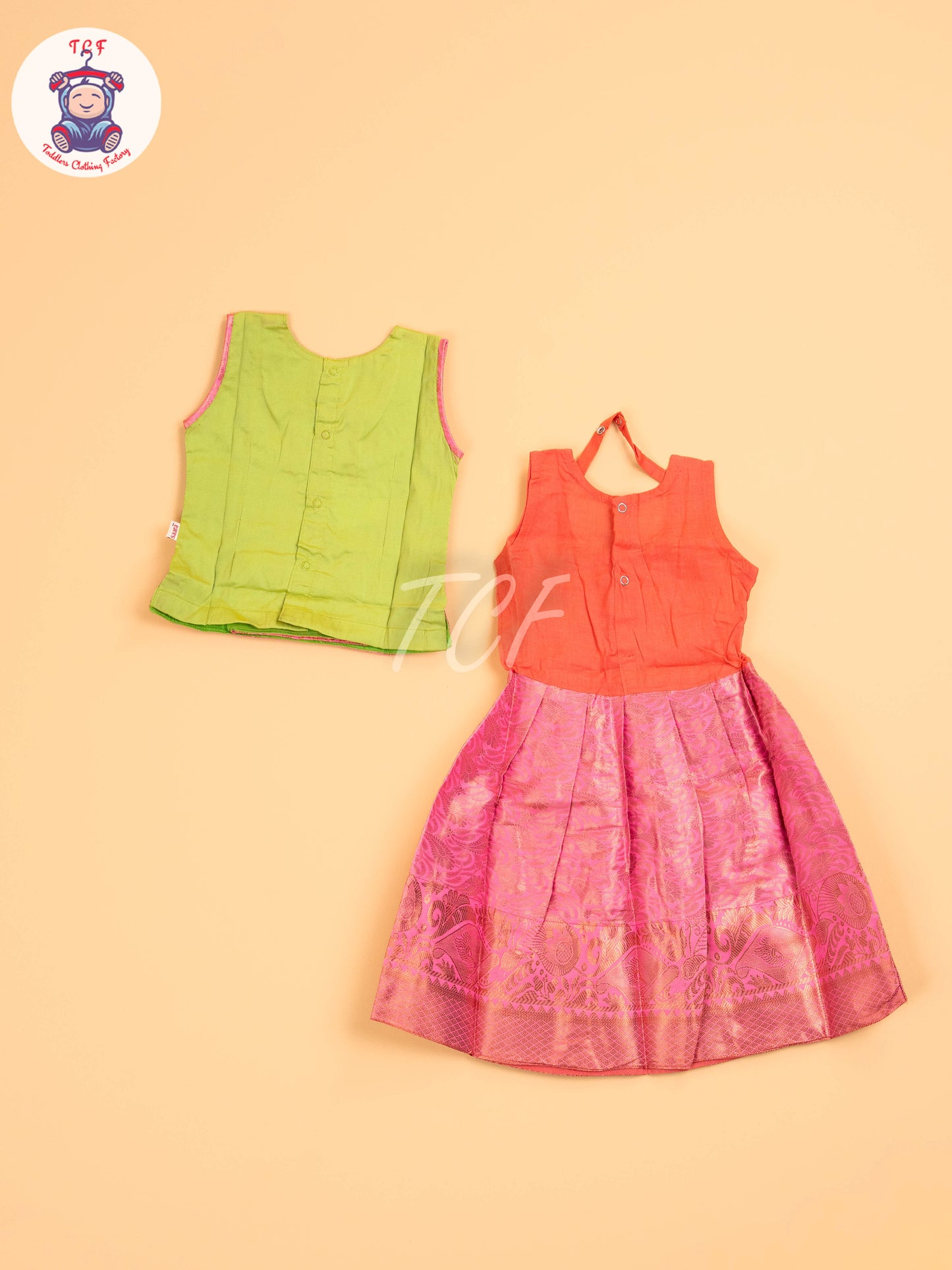 Leave Green & Lite Pink - Girls Readymade Pavadai Sattai
