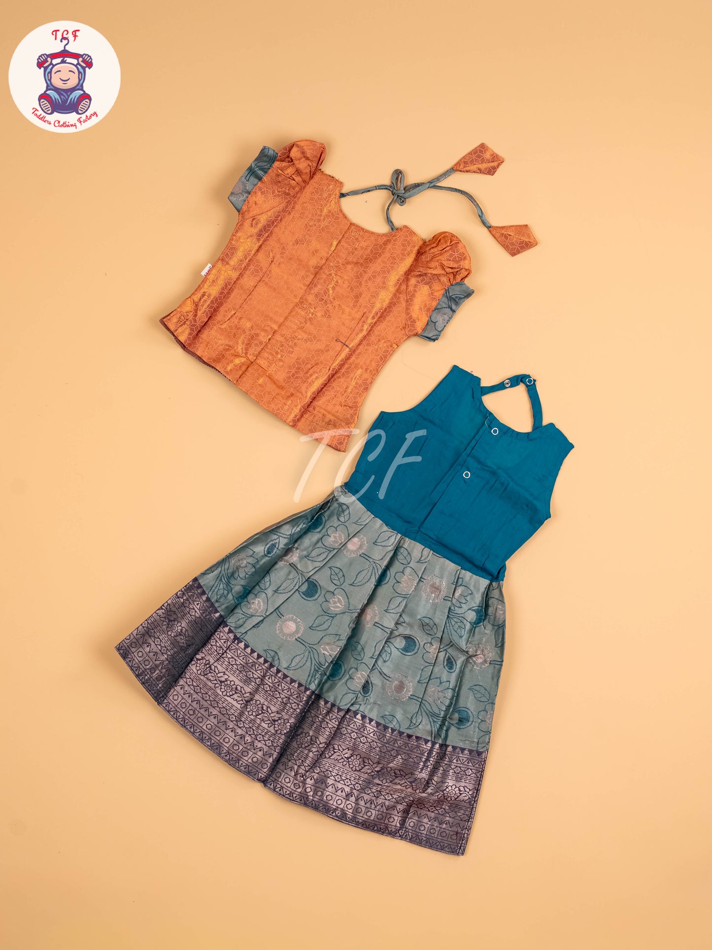 Peach & Teal Green - Girls Readymade Pavadai Sattai