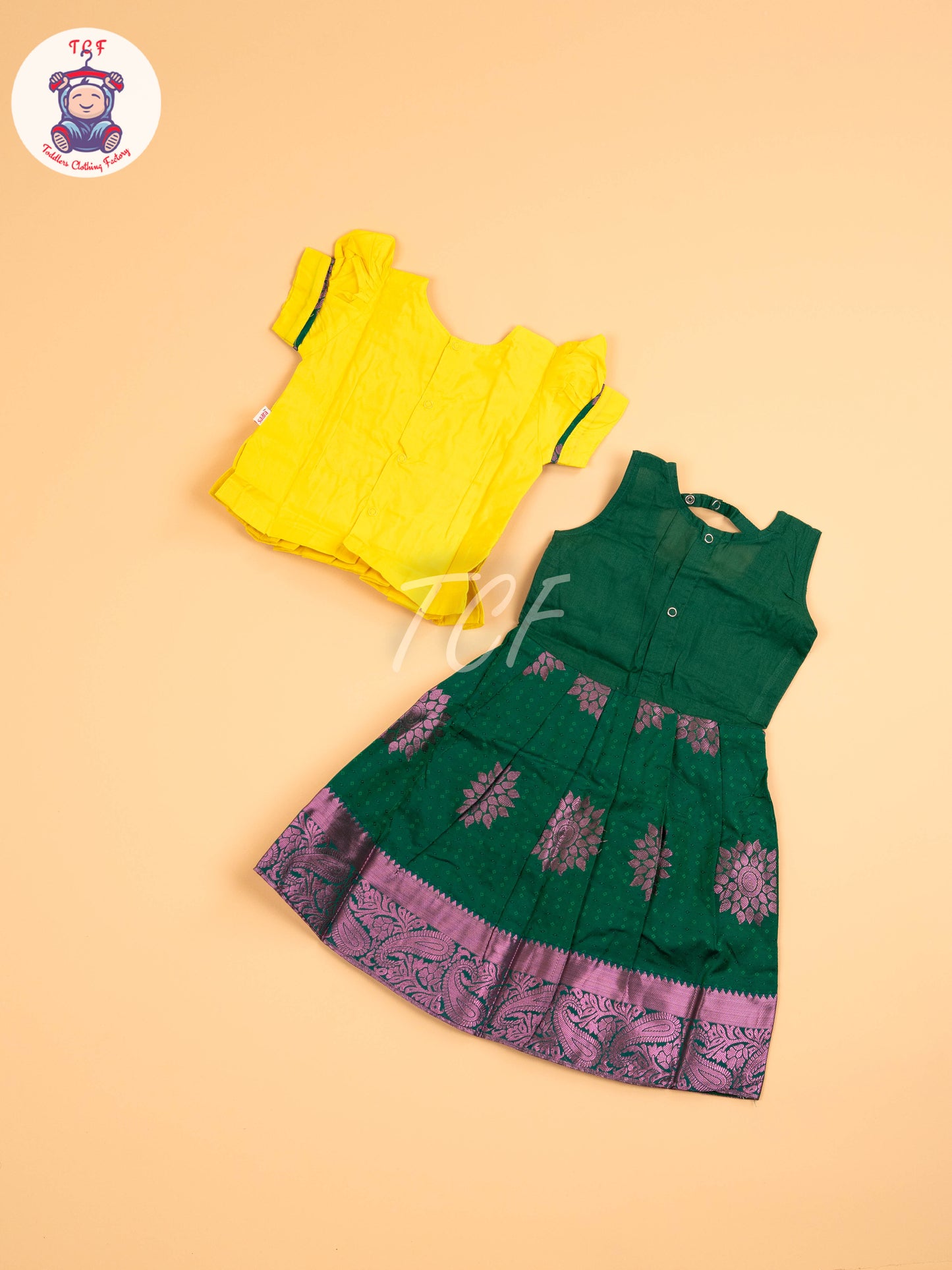 Lemon Yellow & Dark Green - Girls Readymade Pavadai Sattai