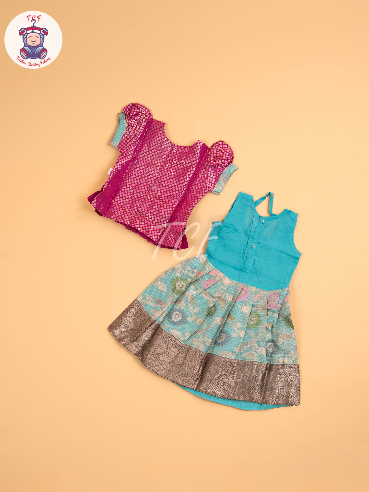 Pink & Teal Blue - Girls Readymade Pavadai Sattai