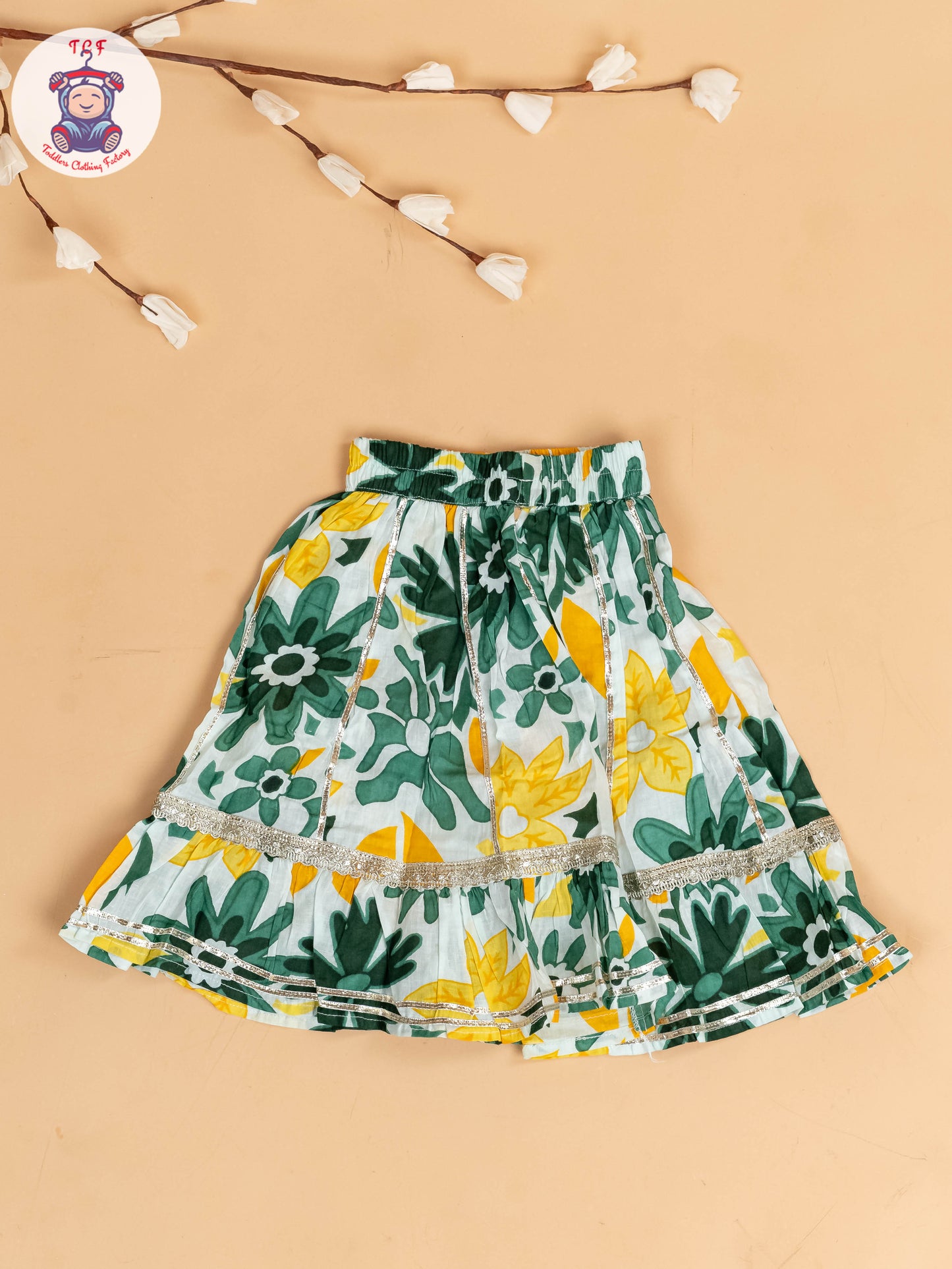 Green & White - Floral Printed Girls Lehenga Choli