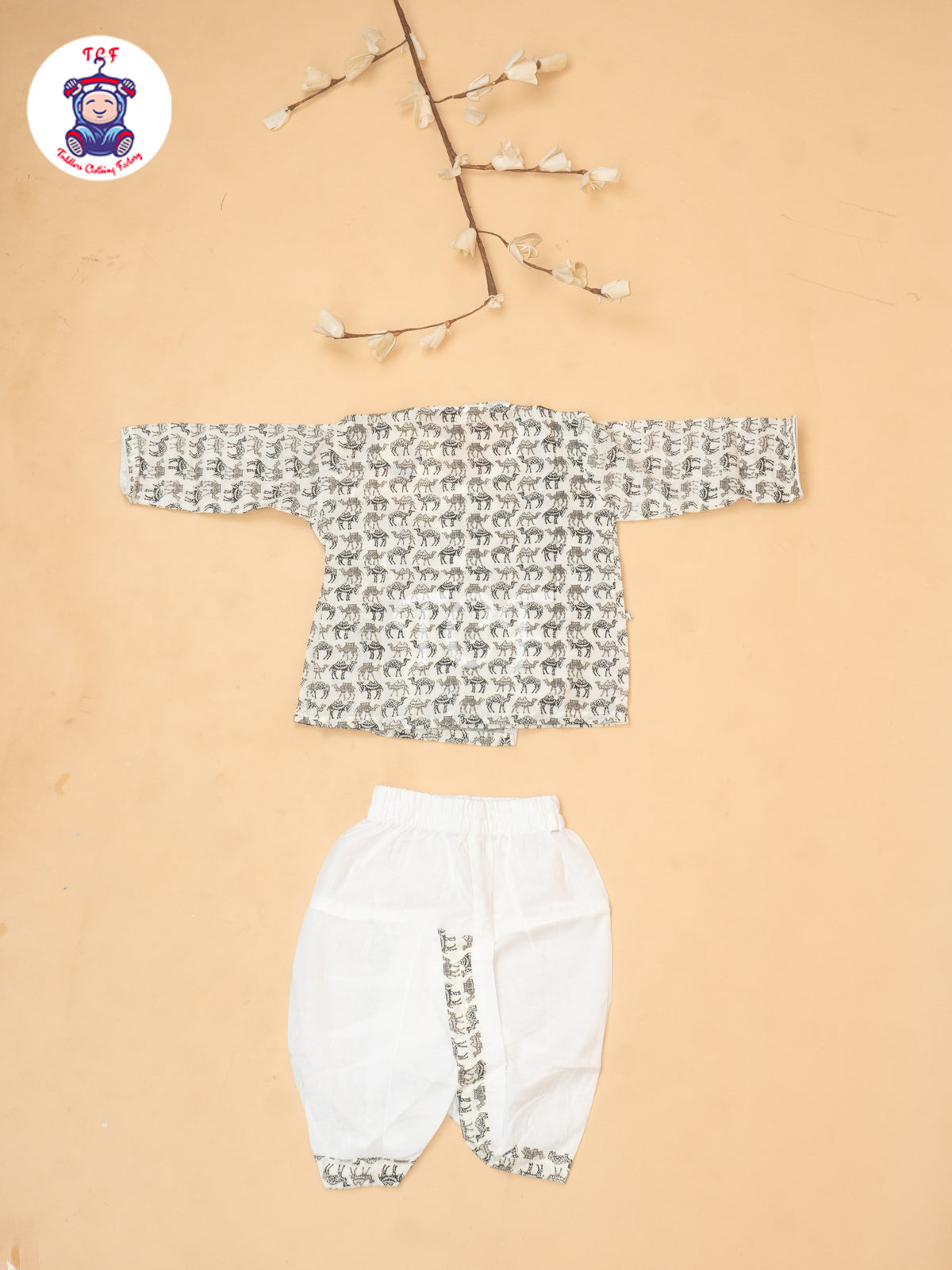 Grey - Camel Printed Boys Dhoti Kurta