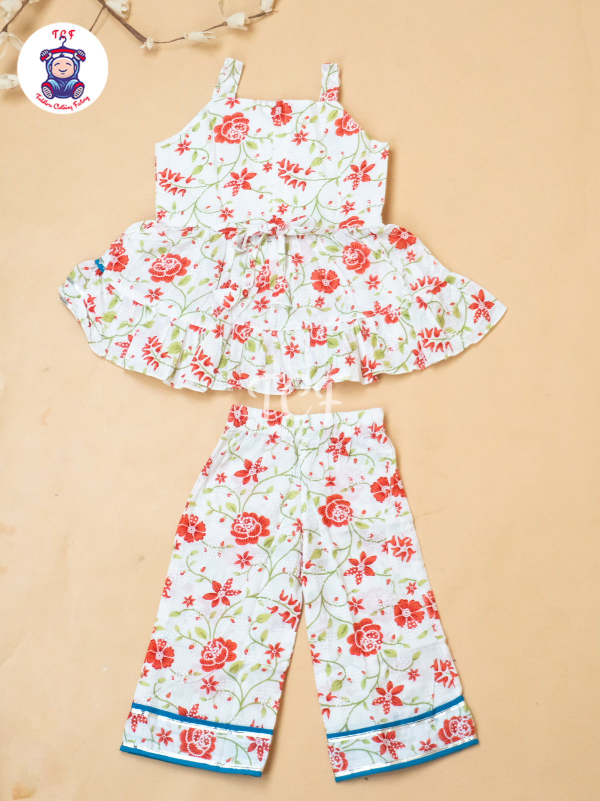 White & Red - Girls Embrodiery Flower Readymade Salwar