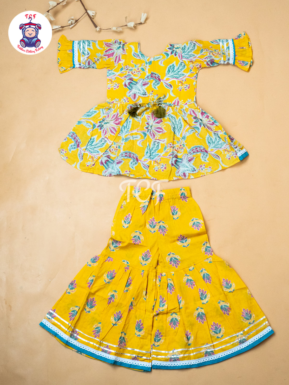Yellow & Green - Girls Printed Alia Cut Angrakha Salwar
