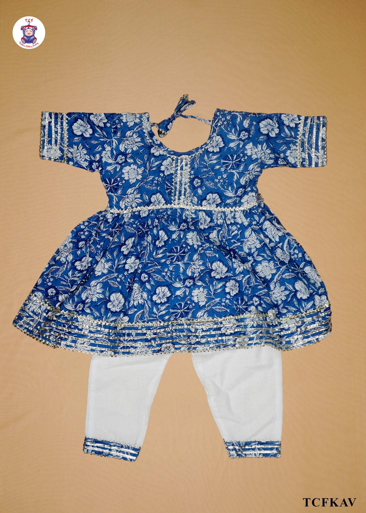 Cobalt Blue - Floral Printed Umbrella Kurti Set with Dupatta