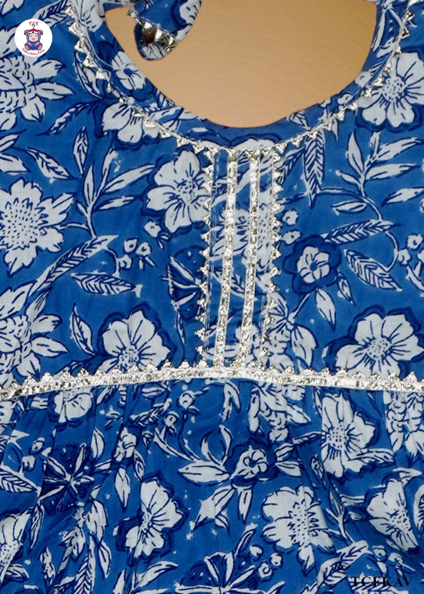 Cobalt Blue - Floral Printed Umbrella Kurti Set with Dupatta