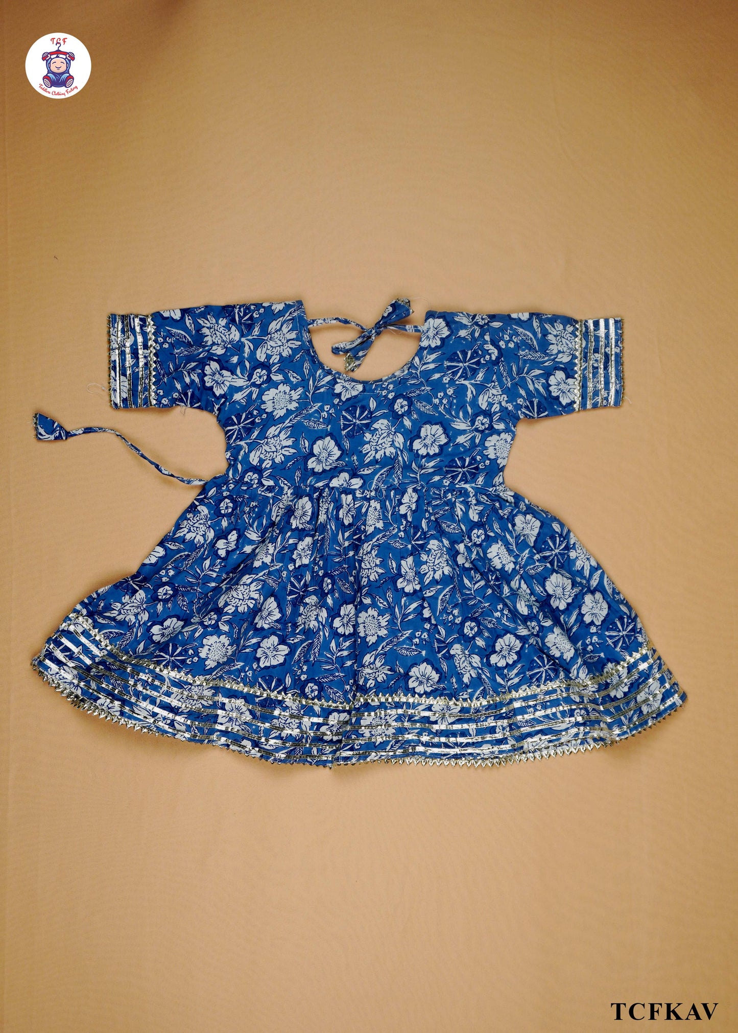 Cobalt Blue - Floral Printed Umbrella Kurti Set with Dupatta