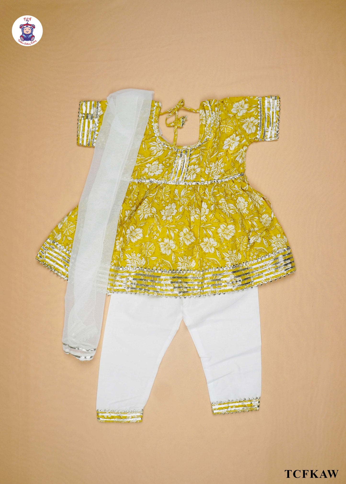 Sunglow Yellow & White - Floral Printed Umbrella Kurti Set with Dupatta