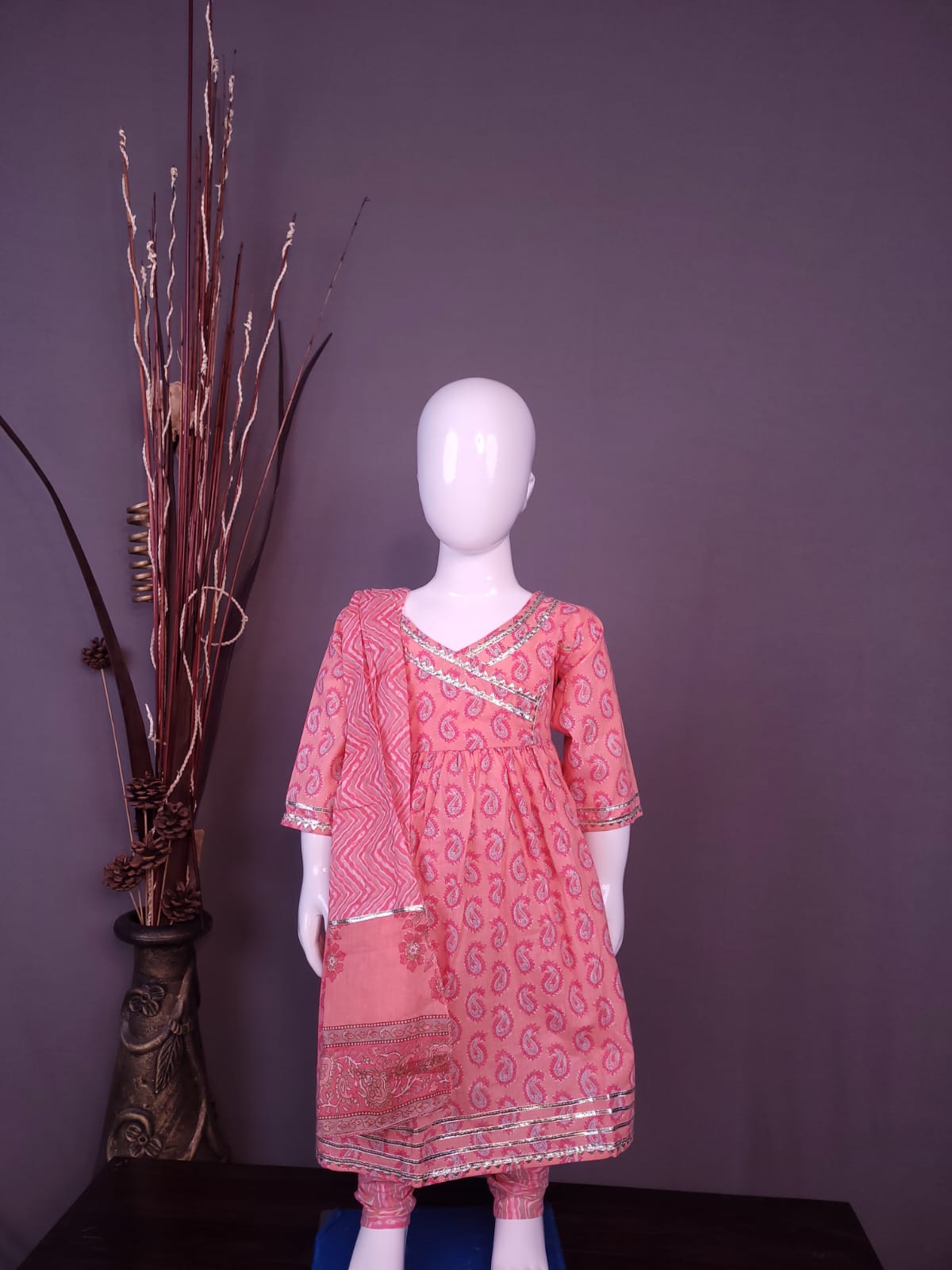 Pink Orange - Printed V-Neck Kurti Set with Dupatta