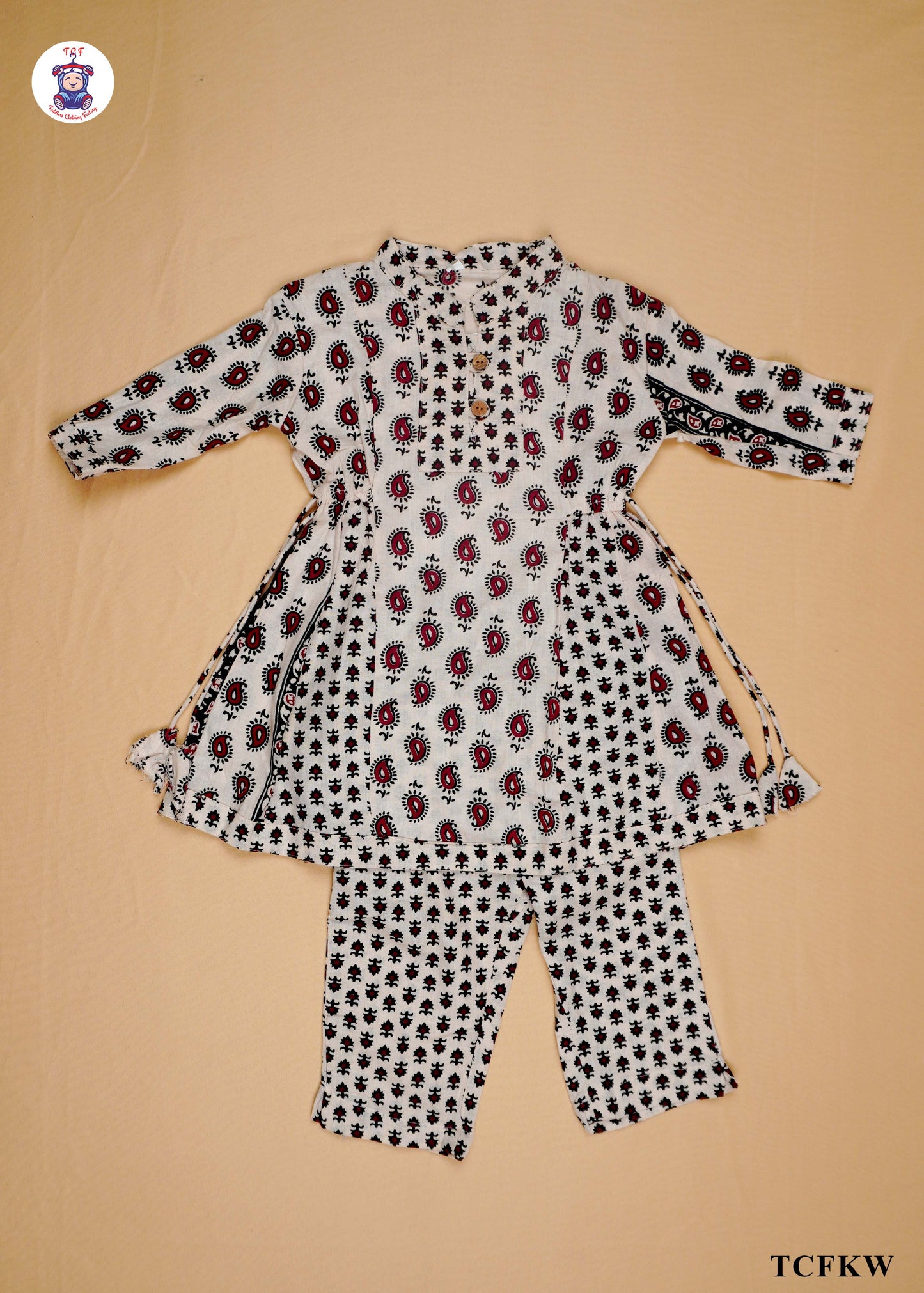 Cream & Maroon - Printed Umbrella Kurti Set