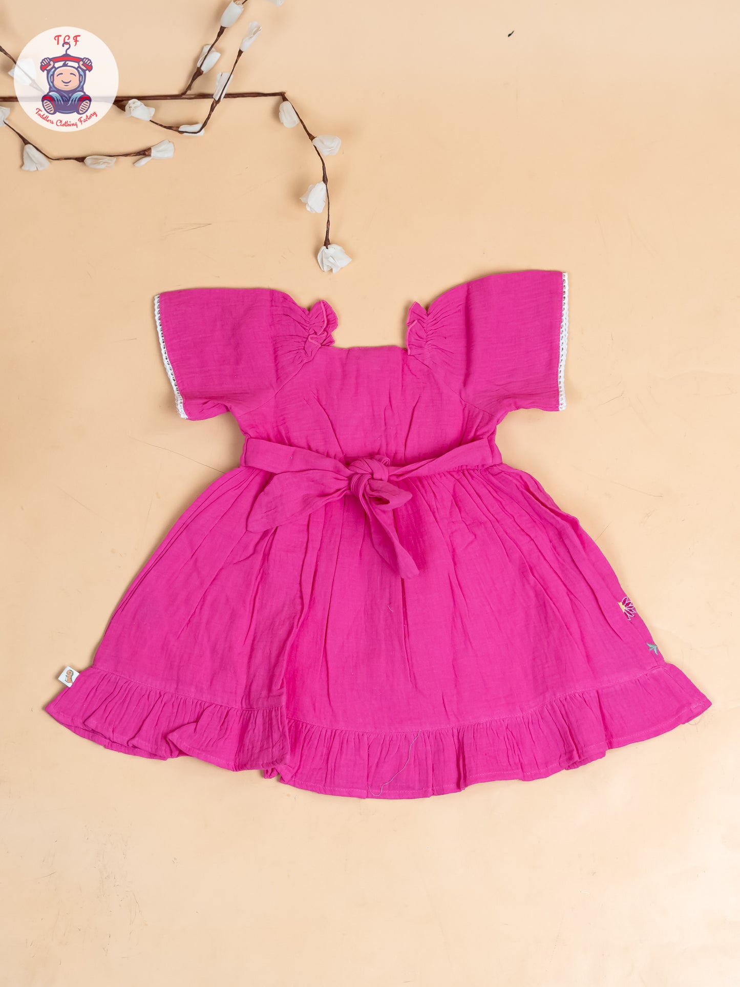 Pink - Girls Wrinkled Cotton Embroidered Frocks
