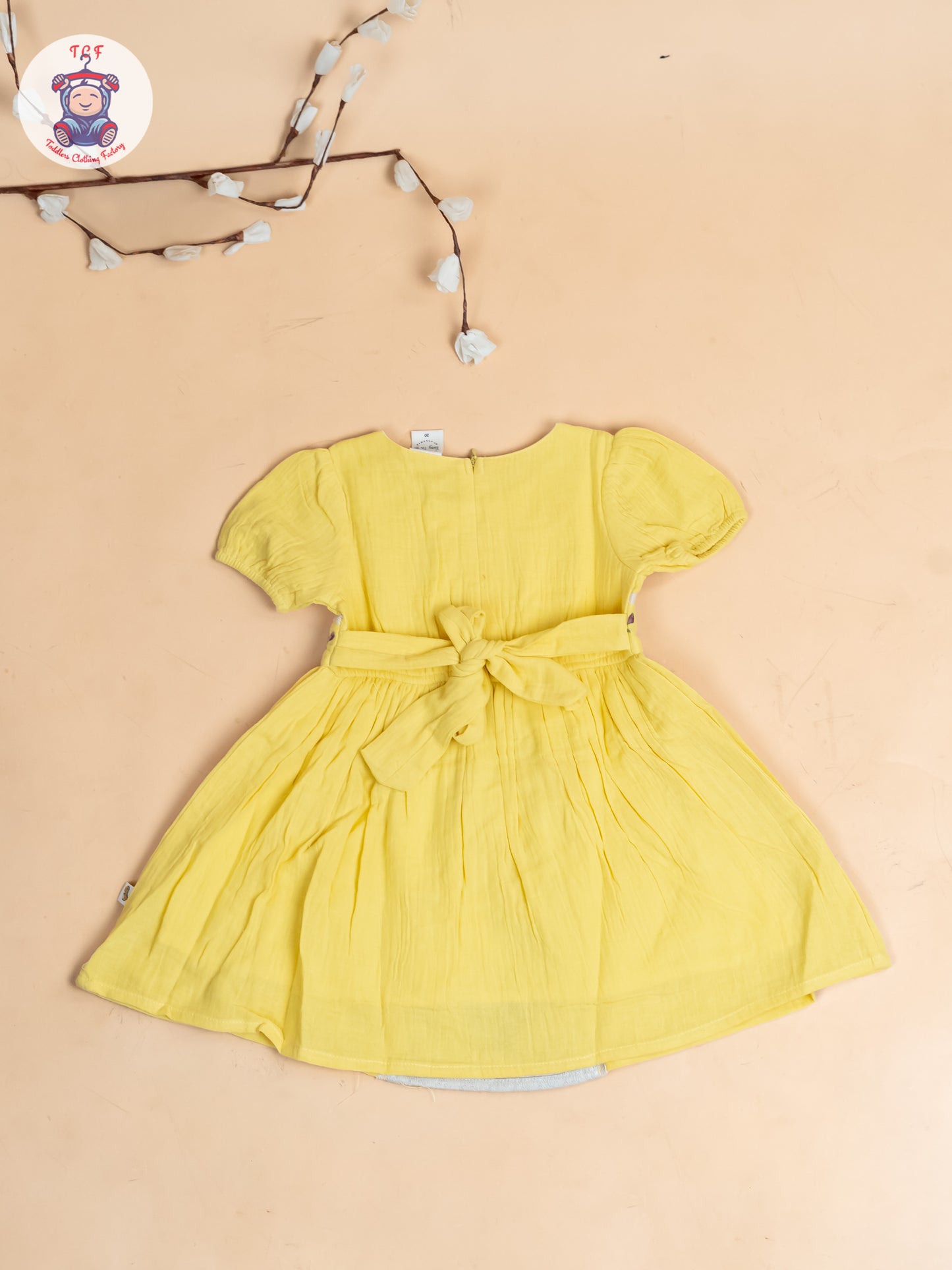 Lemon Yellow - Girls Wrinkled Cotton Embroidered Frocks