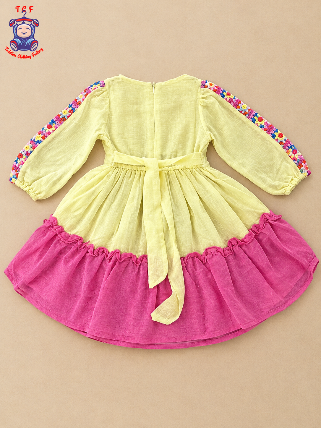 Pastel Yellow Girls Floral Crochet Embroidered Frock