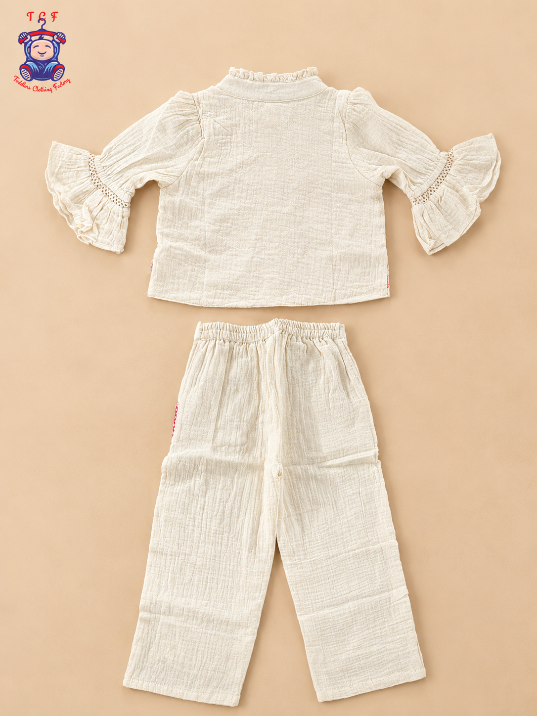 Cream Girls Printed Top & Palazzo Co-Ord Set with Flared Sleeves