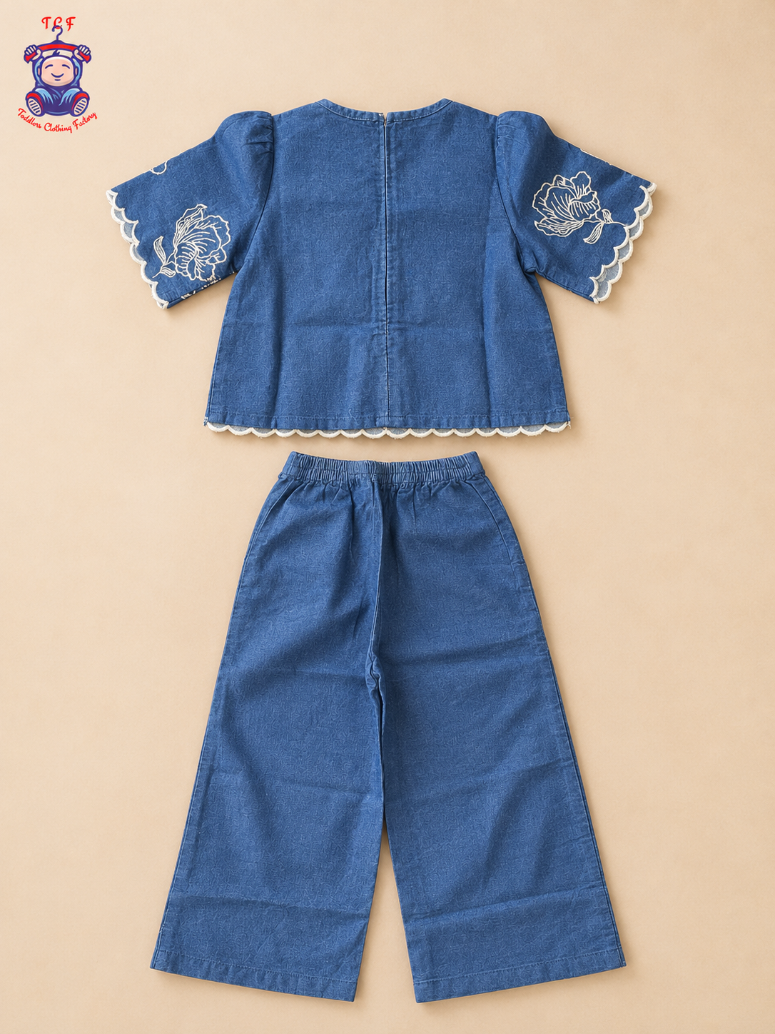 Denim Blue Girls Floral Embroidered Dress with White Scalloped Border