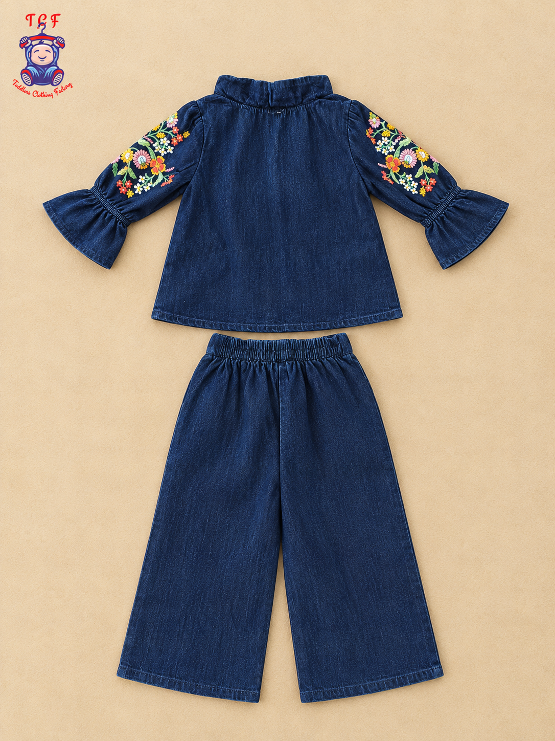 Girls Dark Blue Denim Floral Embroidered Collar Top & Pant Co-ord Set