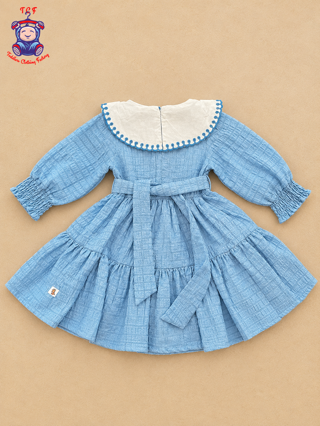 Girls White & Blue Floral Embroidered Frock with Scalloped Border