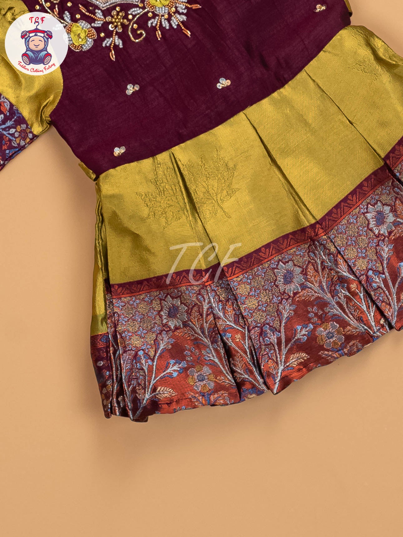 Wine & Light Green - Kids Readymade Frocks