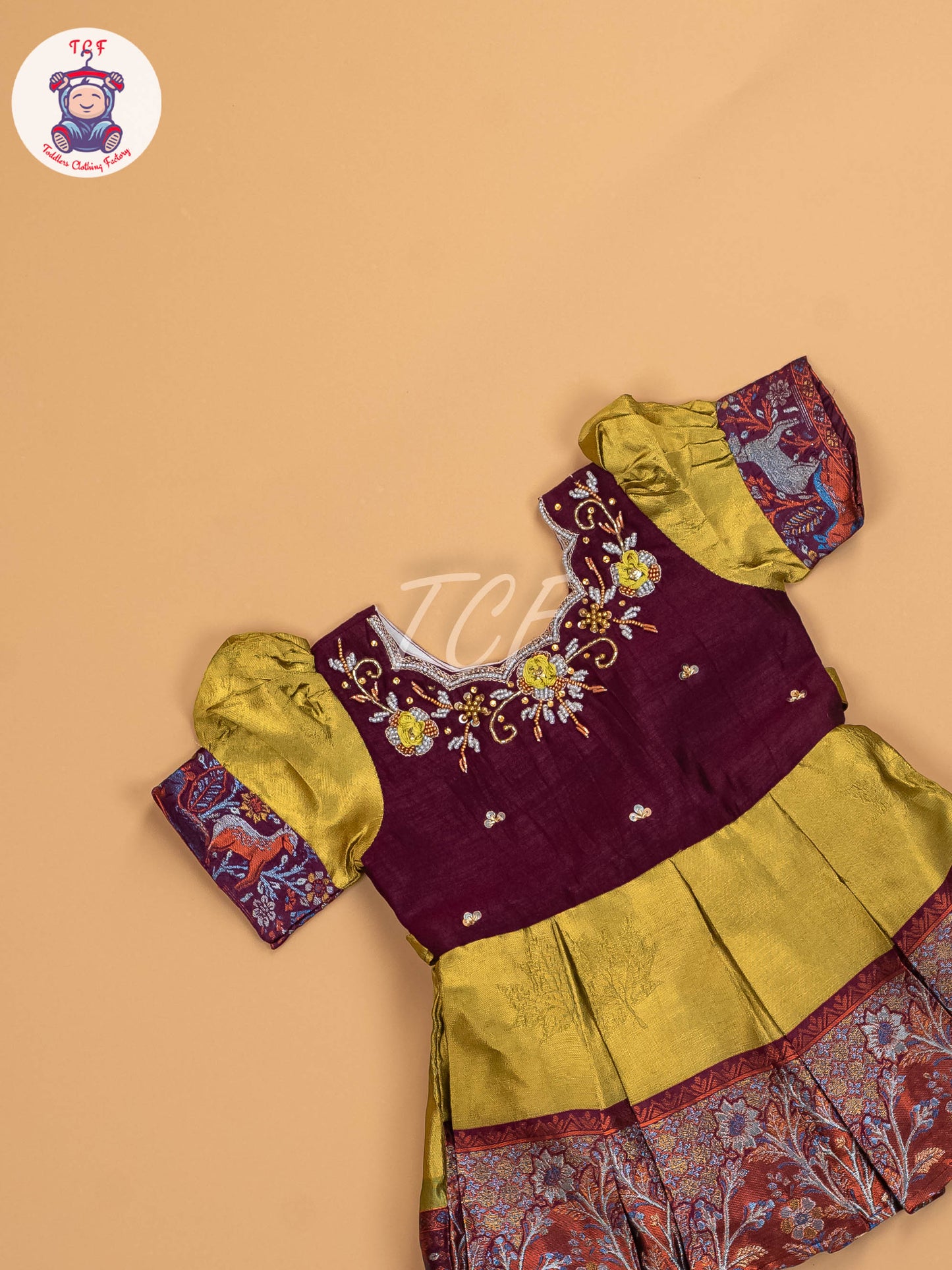 Wine & Light Green - Kids Readymade Frocks