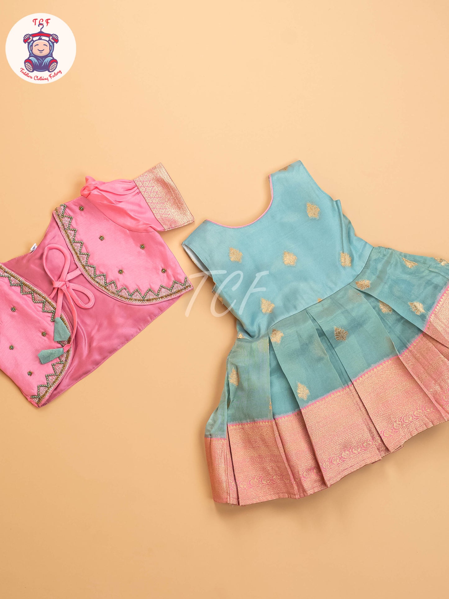 Rose Pink & Light Blue - Kids Readymade Frocks