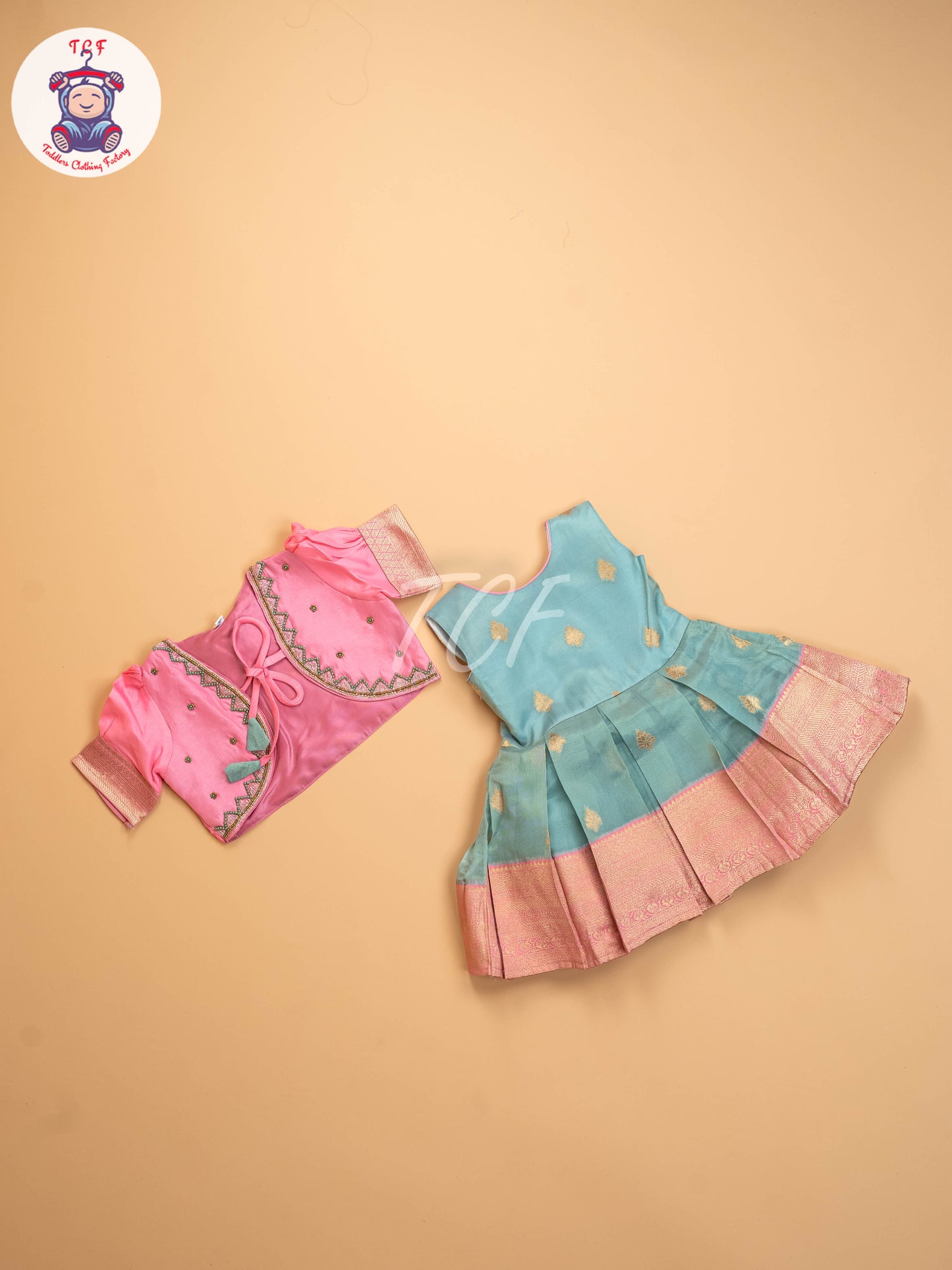 Rose Pink & Light Blue - Kids Readymade Frocks