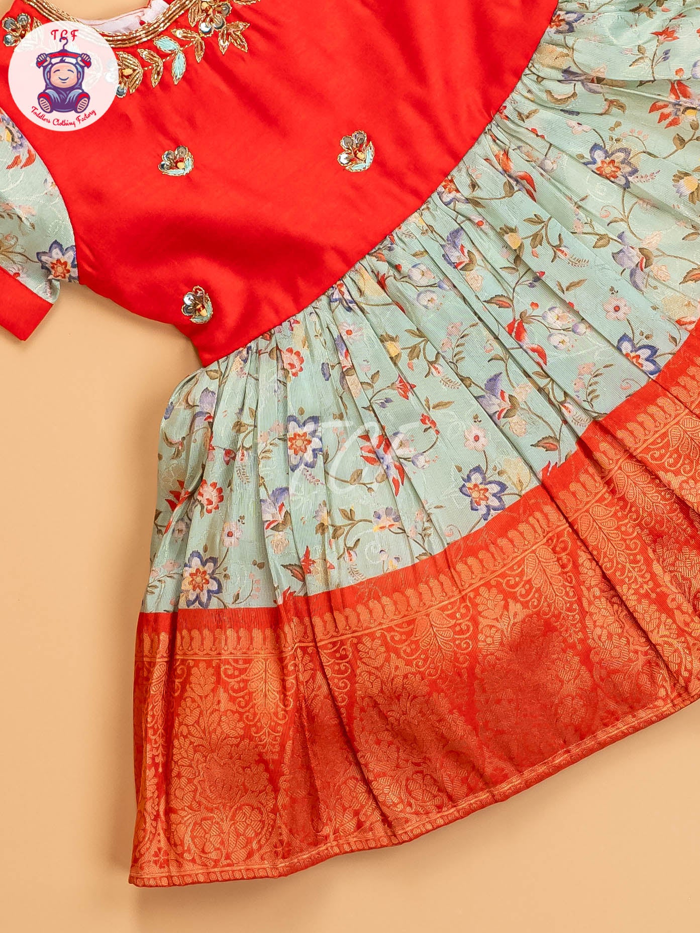 Red & Light Green - Kids Readymade Frocks