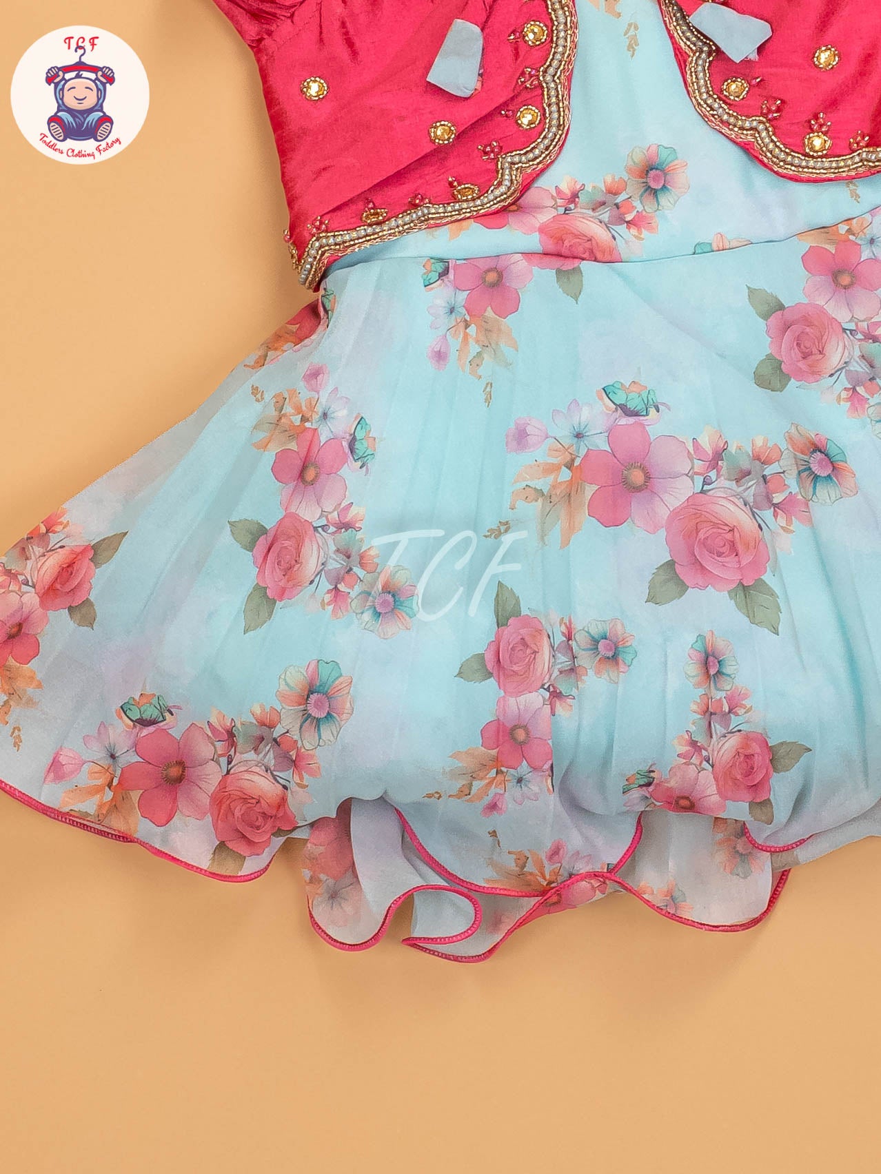 Pink & Sky Blue Floral - Kids Readymade Frocks