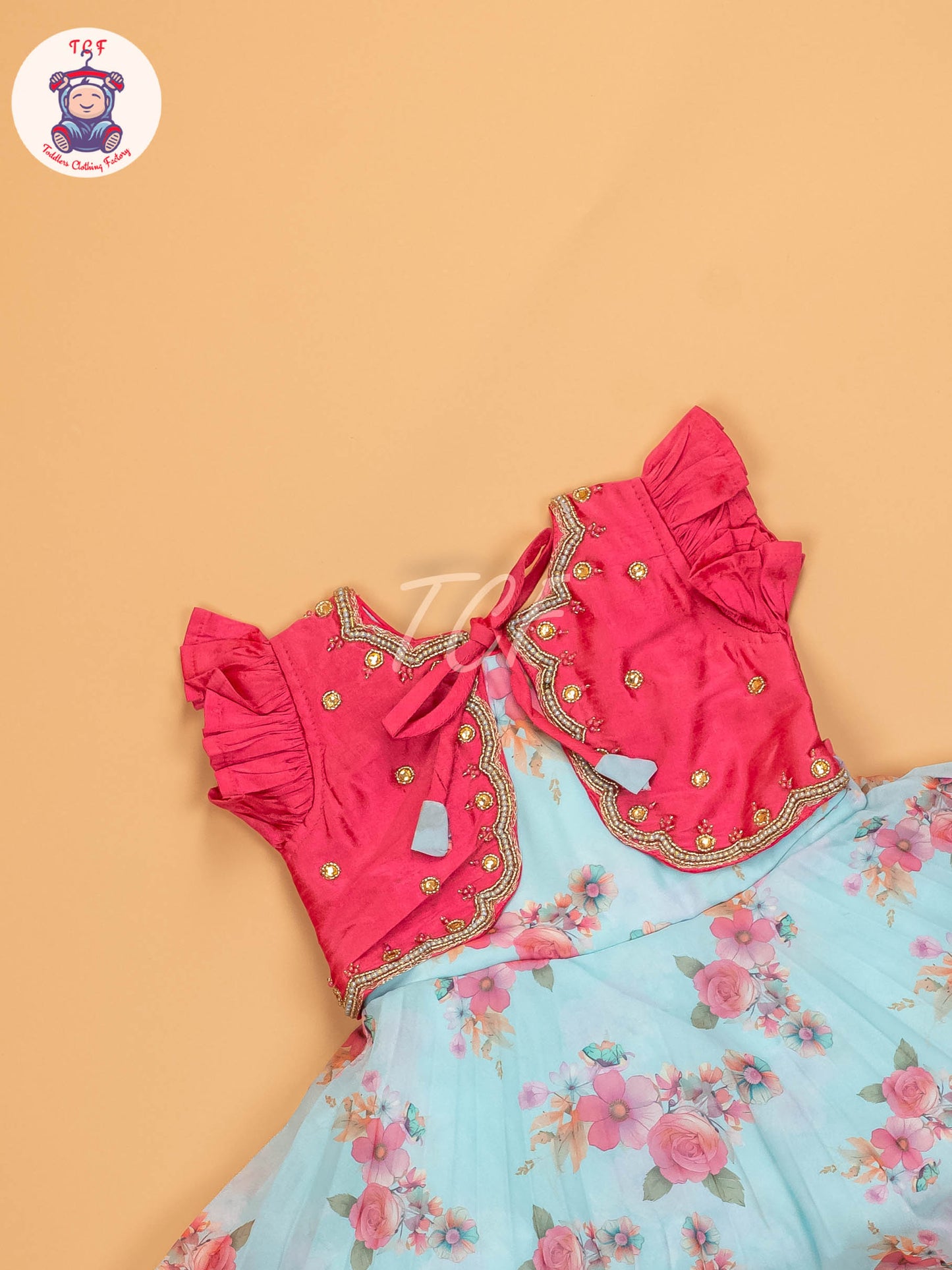 Pink & Sky Blue Floral - Kids Readymade Frocks