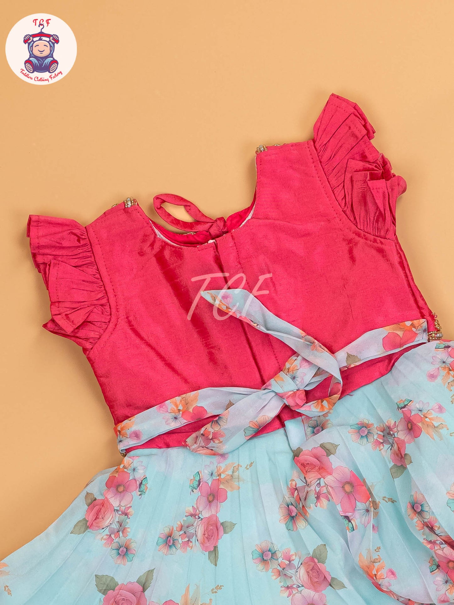 Pink & Sky Blue Floral - Kids Readymade Frocks