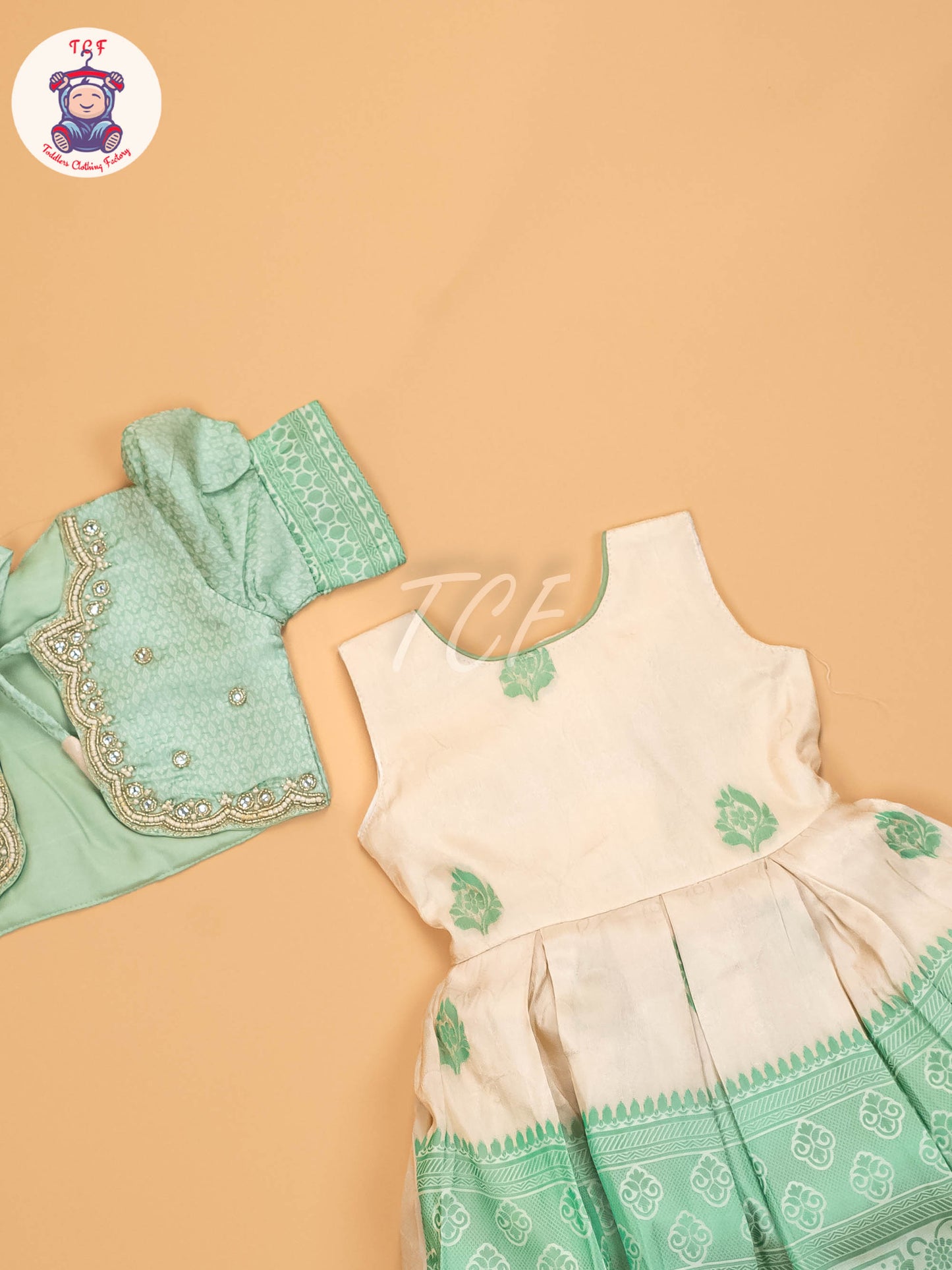 Pista Green & Half White - Kids Readymade Frocks