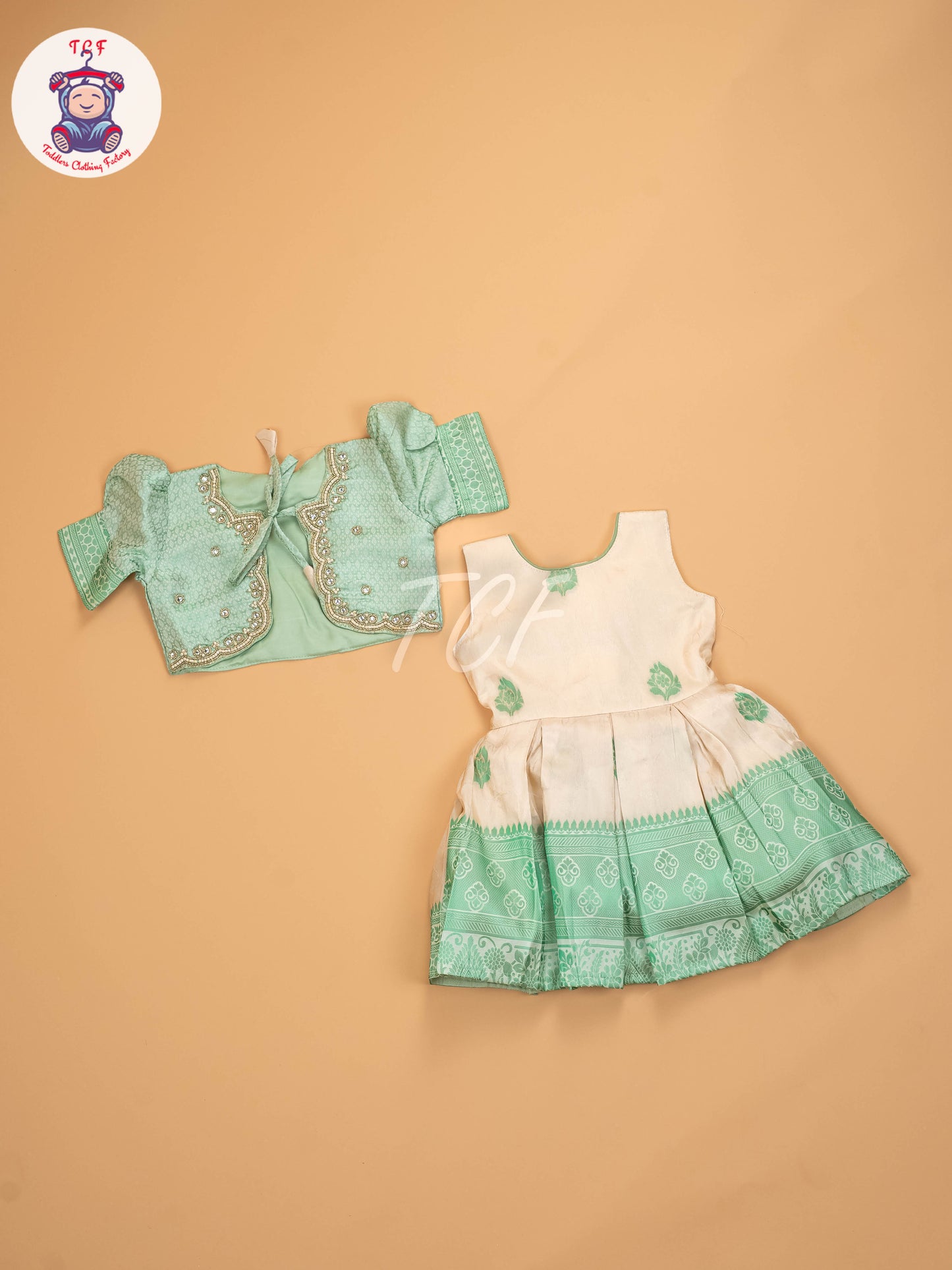 Pista Green & Half White - Kids Readymade Frocks