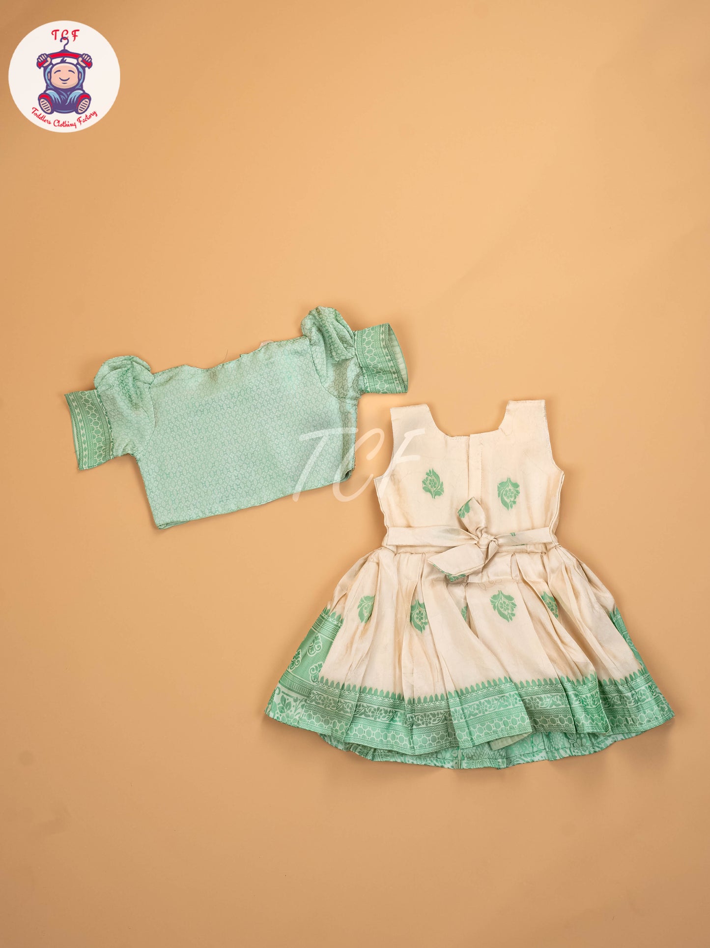 Pista Green & Half White - Kids Readymade Frocks