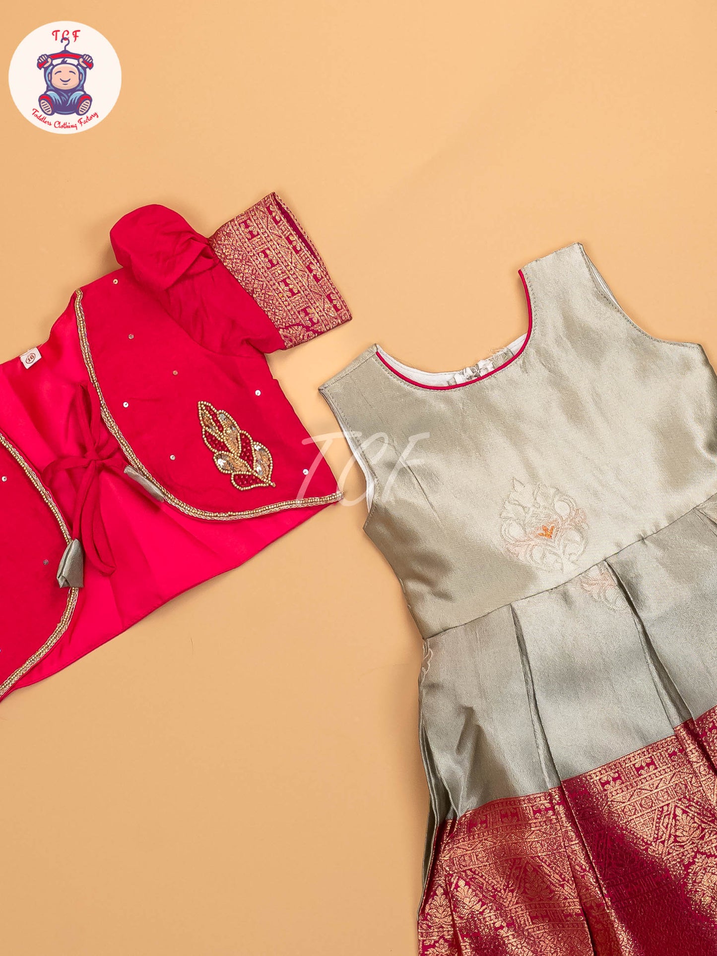 Pink & Light Grey - Kids Readymade Frocks